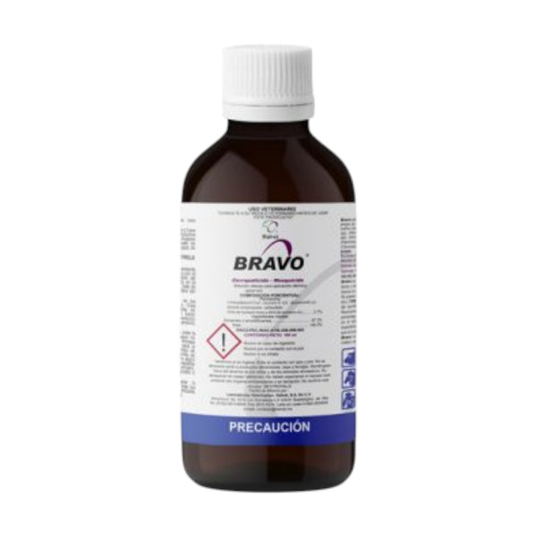 Frasco de Bravo Insecticida 100 ml con permetrina, ideal para eliminar pulgas, garrapatas y moscas en perros, gatos y ganado.