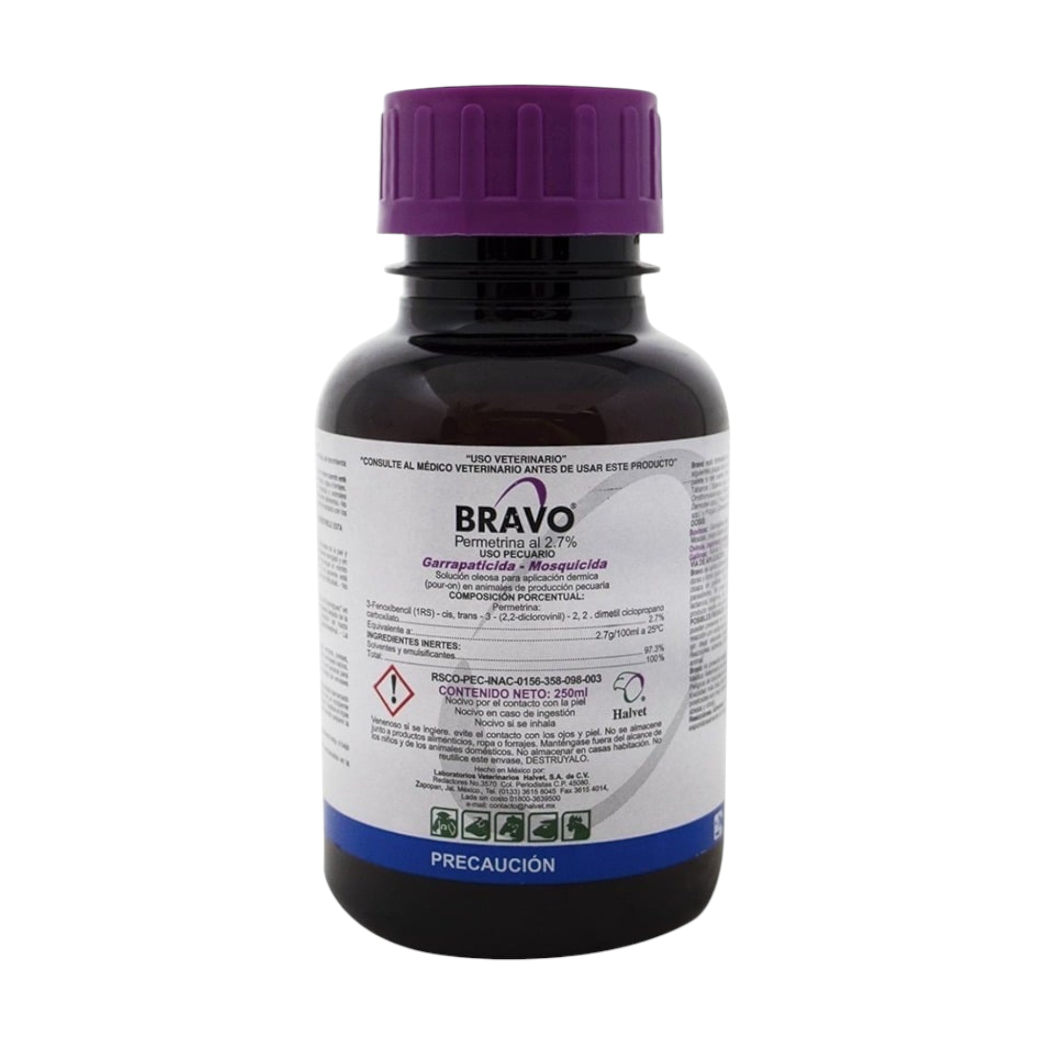 Envase de Bravo Insecticida 250 ml con permetrina, insecticida para control de pulgas, moscas y ácaros en animales domésticos y de granja.