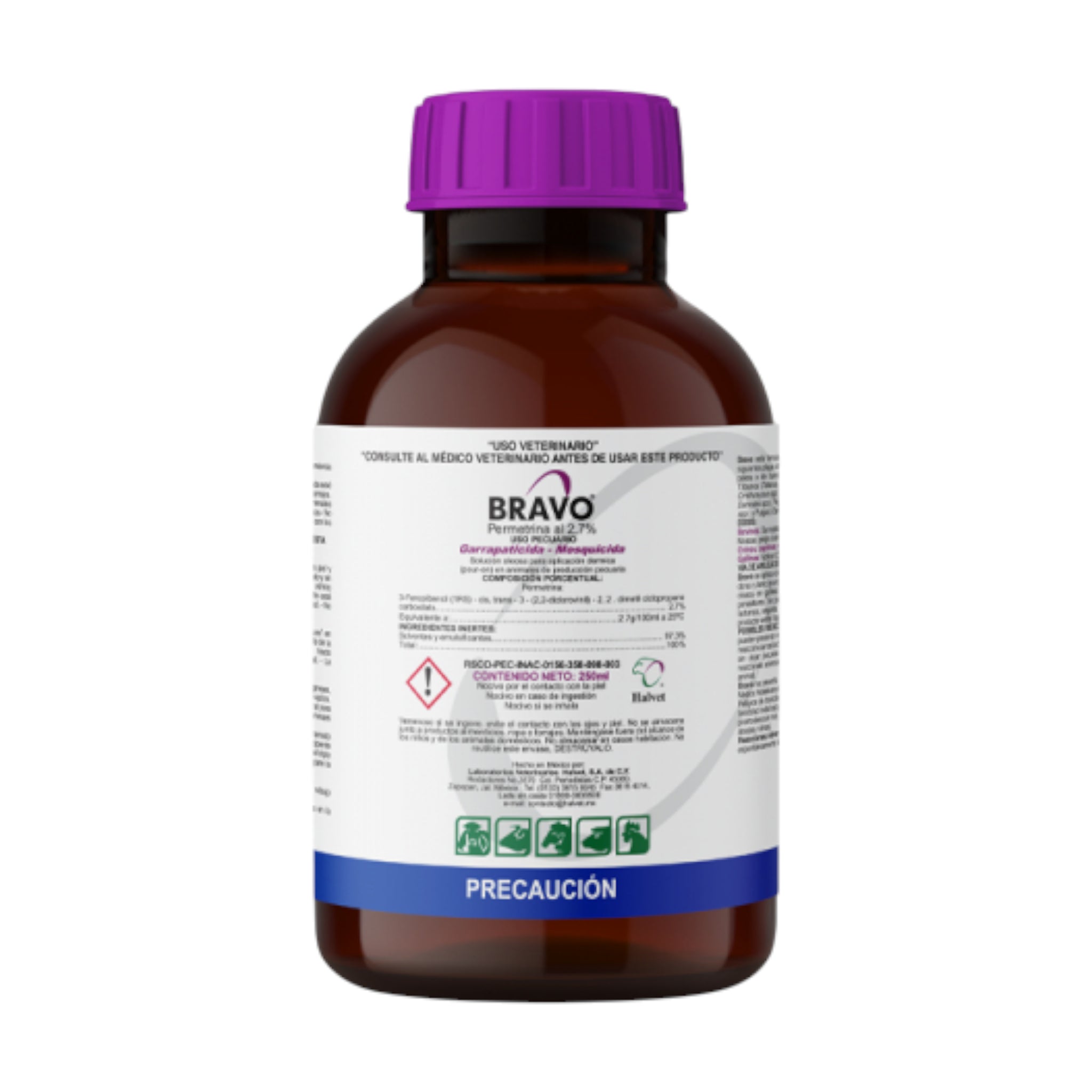 Botella de Bravo Insecticida 500 ml con permetrina, eficaz contra pulgas, garrapatas y moscas en bovinos, perros, gatos y aves.