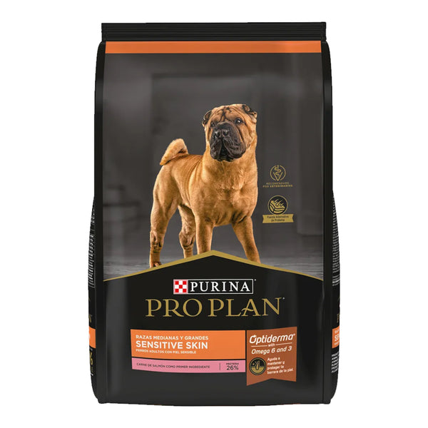 Empaque de alimento seco Pro Plan Adulto Sensitive Skin con tecnología Optiderma sabor salmón para perros de piel sensible.
