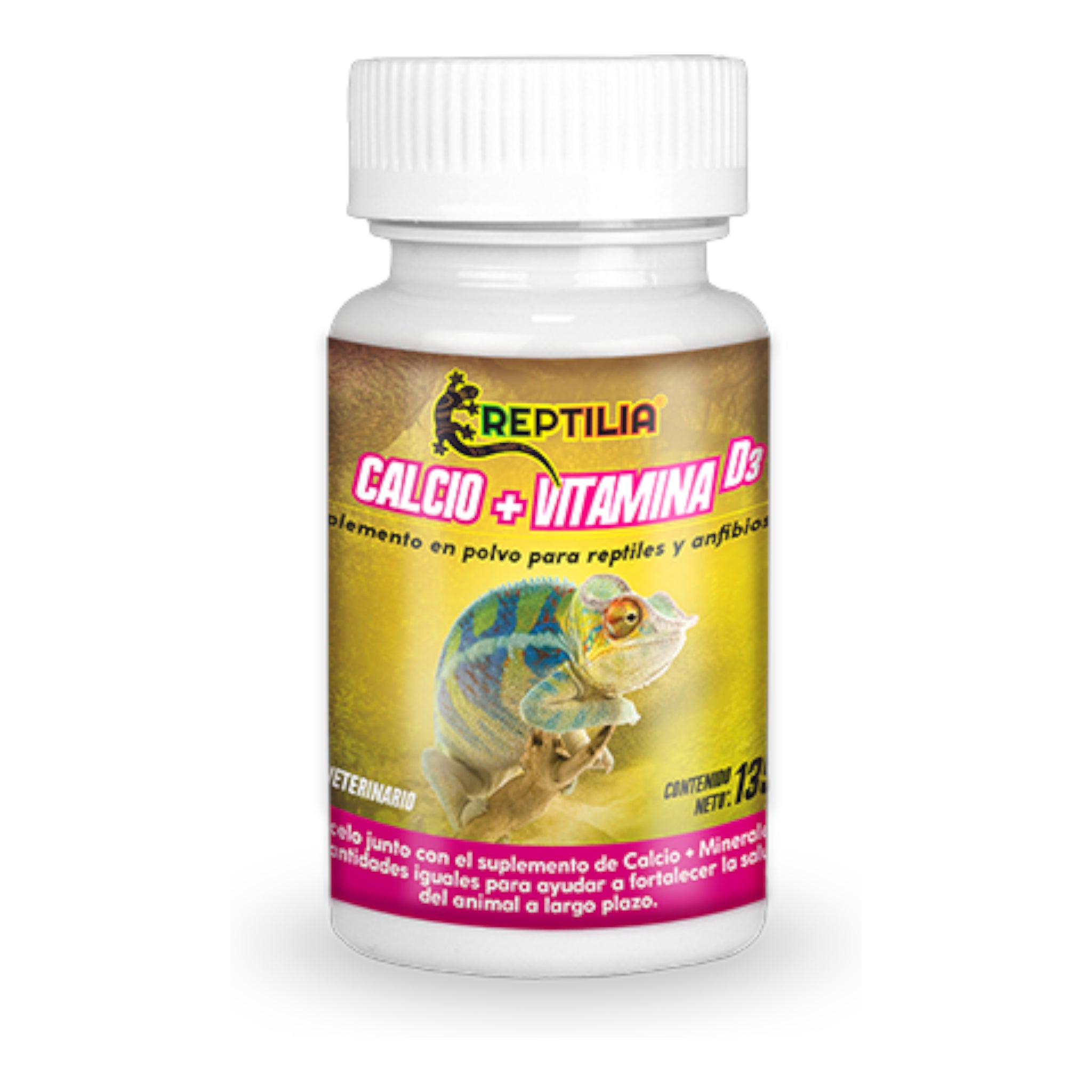 frasco del suplemento de calcio con vitamina d3 marca reptilia para reptiles y anfibios en fondo blanco