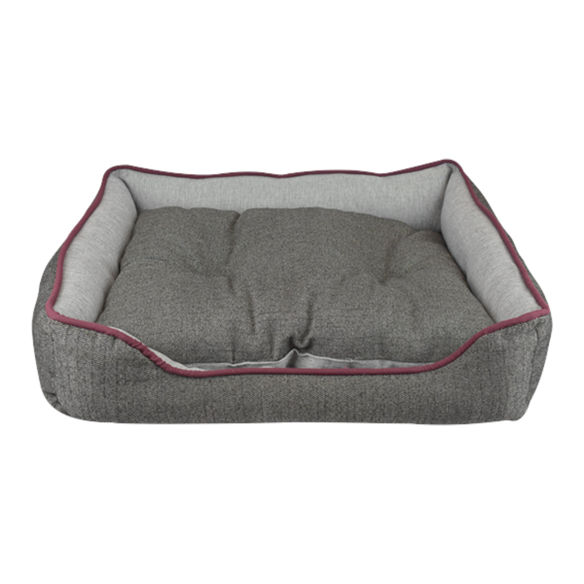 Cama para perro modelo Chesney de Fancy Pets en color gris con vivos color guinda, destacando su diseño acogedor y tamaño mediano.