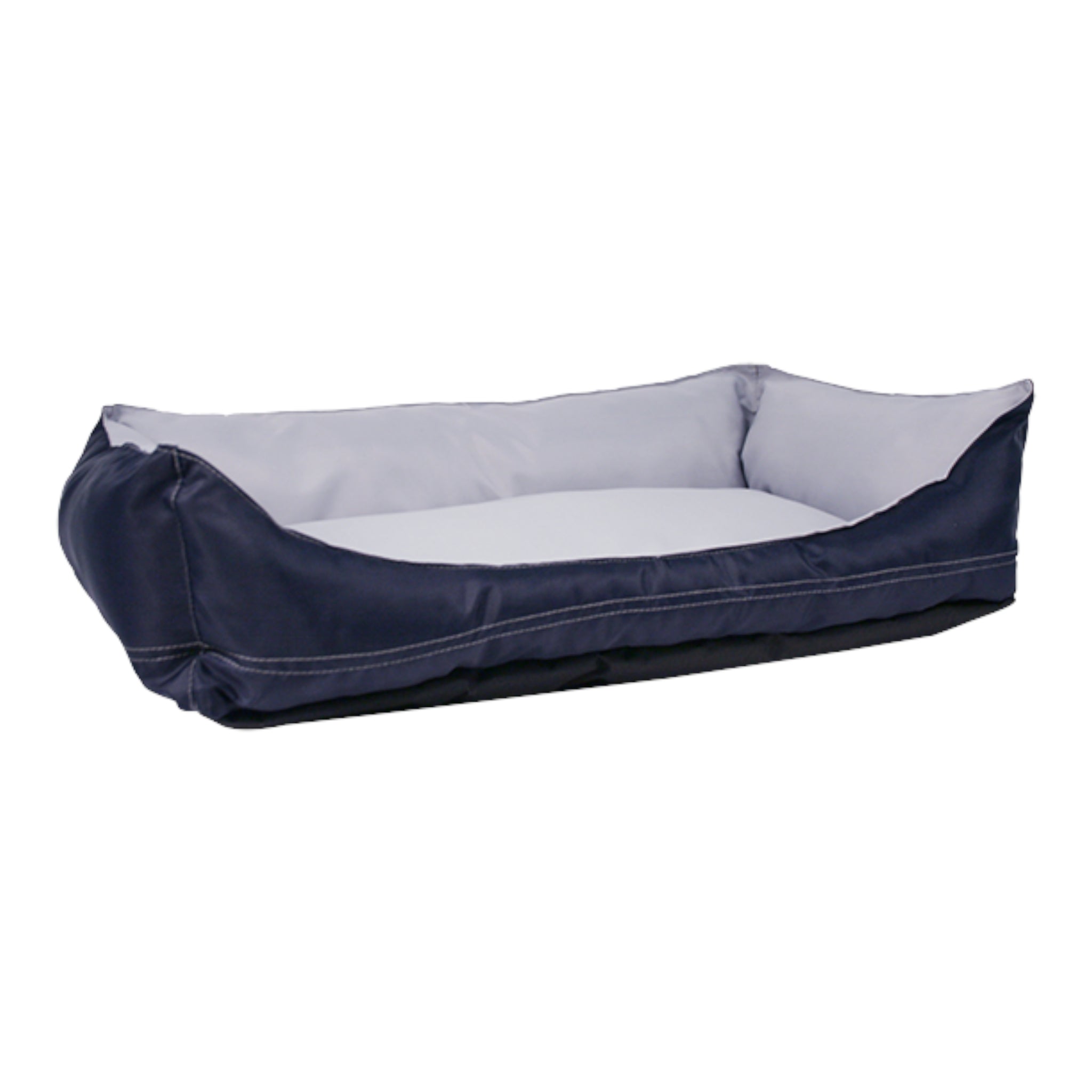 Cama Explorer para perro en color azul marino y gris de 40x60cm, destacando su diseño resistente y base plástica para mayor higiene.