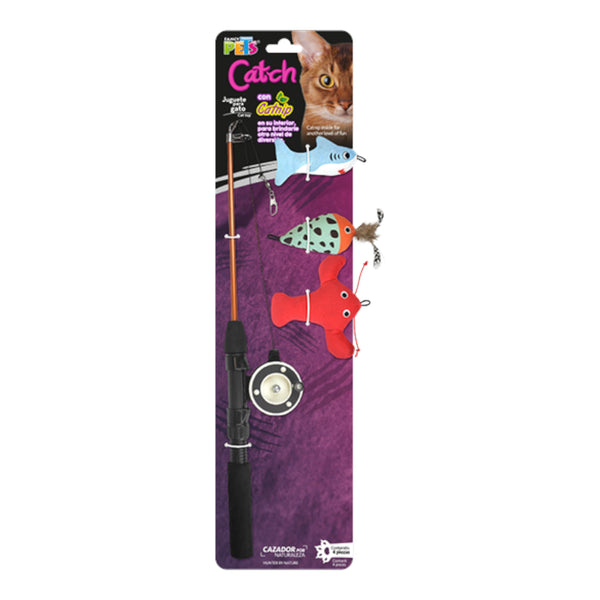 Juguete para gato Fancy Pets: Caña de pescar interactiva con set de 3 peluches intercambiables con catnip.