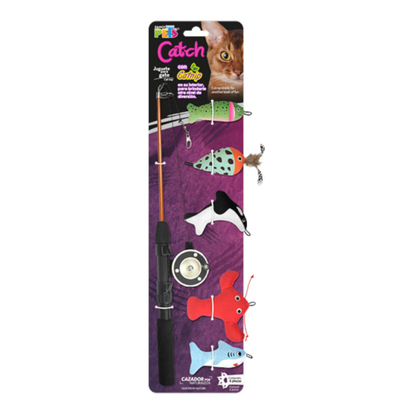 Juguete para gato Fancy Pets Catch: Caña de pescar con 5 peluches intercambiables con catnip en forma de peces y crustáceos.