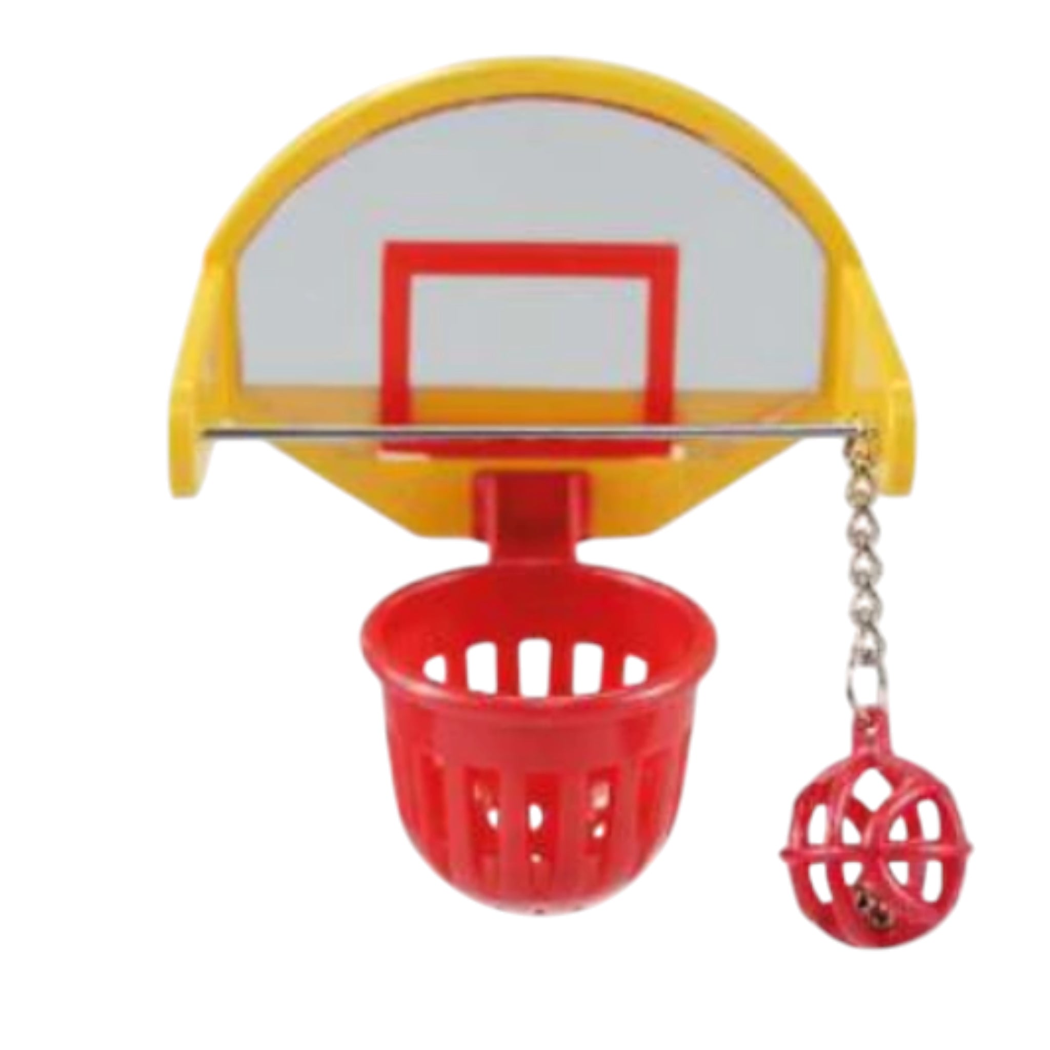 Juguete de canasta de baloncesto con espejo y pelota con cascabel para aves pequeñas montado en jaula.