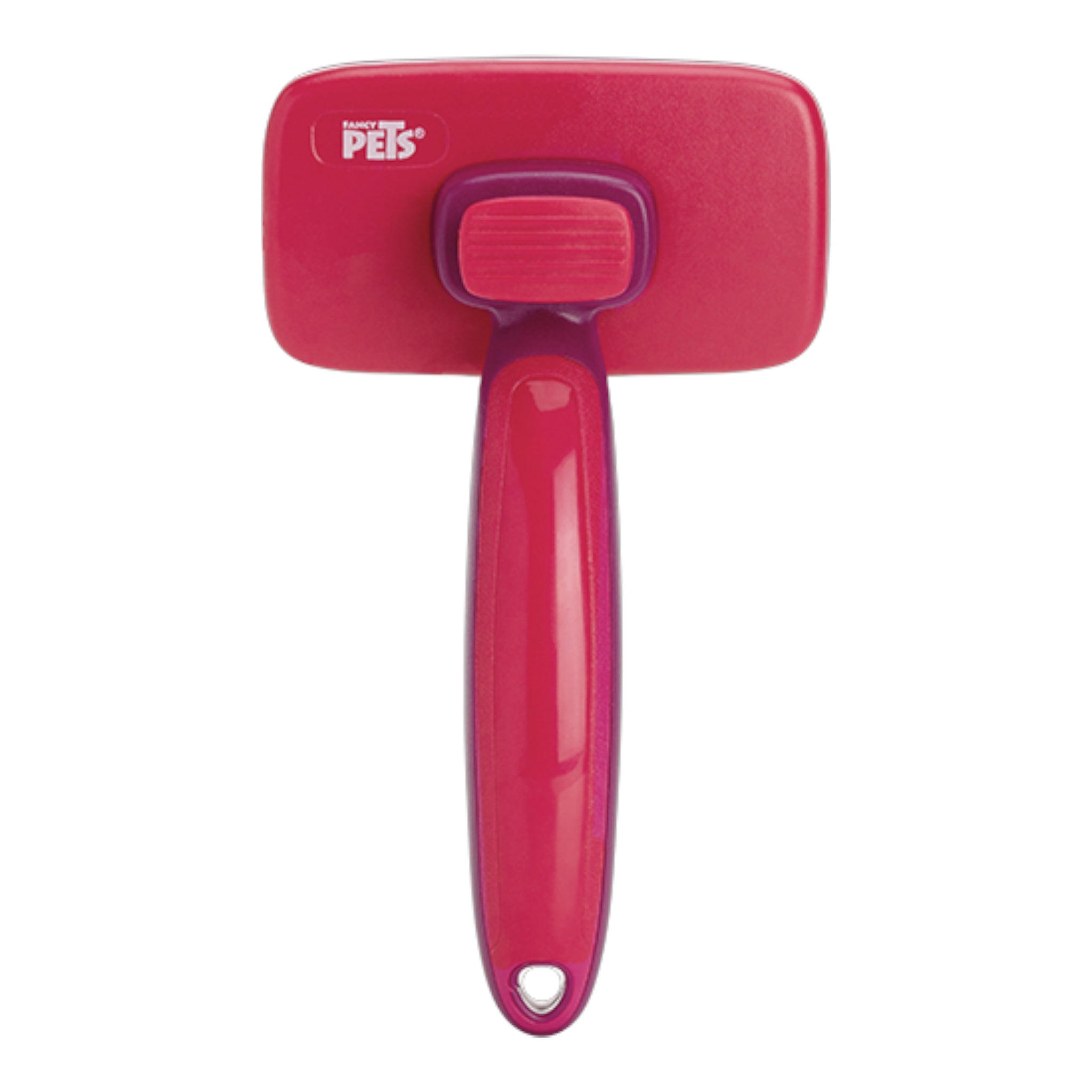 carda Fancy Pets color rojo con mango curvo y botón de auto limpieza para mascotas