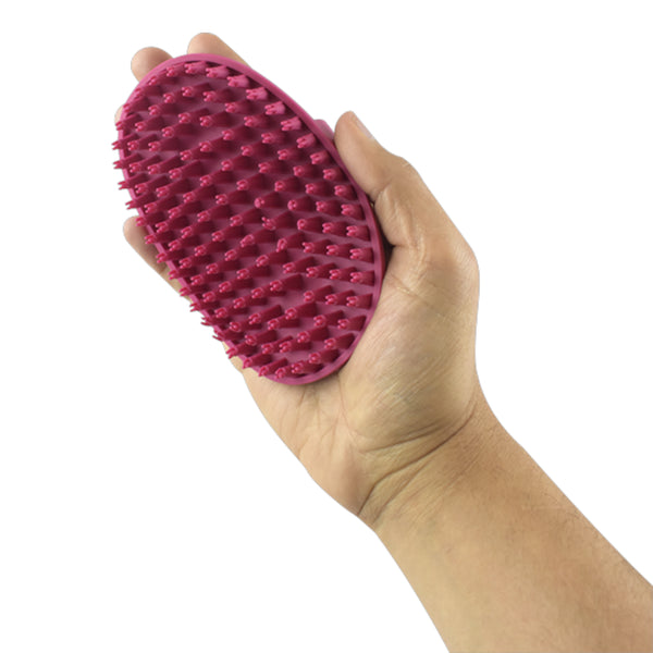 Carda de goma Fancy Pets sostenida en la mano mostrando su tamaño y ergonomía