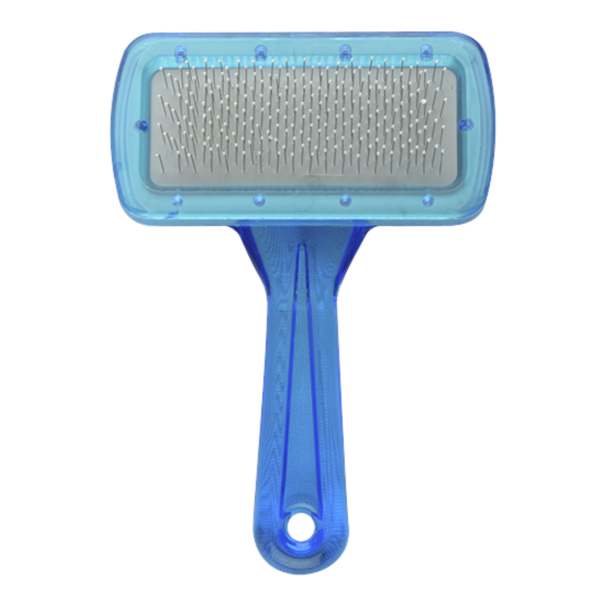 Carda suave azul para perros vista de frente con puntas metálicas recubiertas.