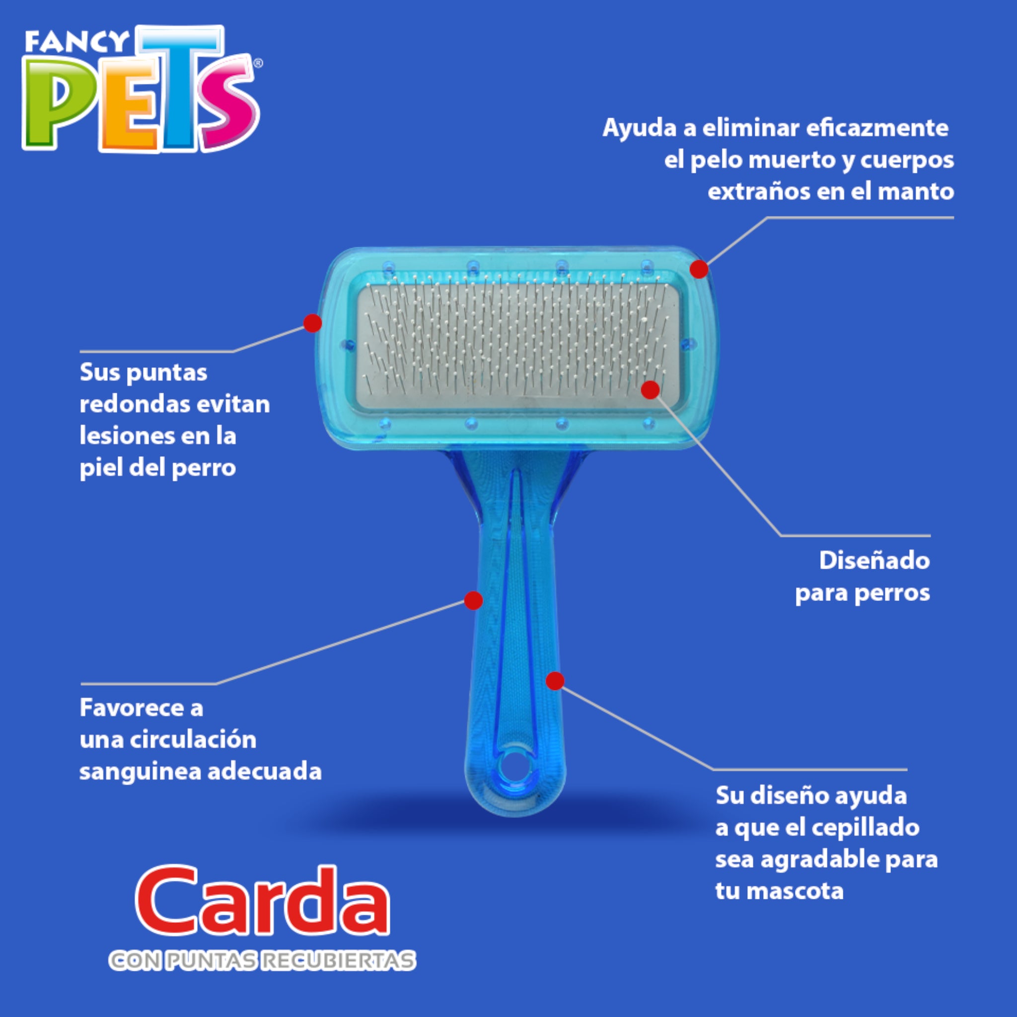 Infografía de carda azul para perros destacando puntas recubiertas y eliminación de pelo muerto.