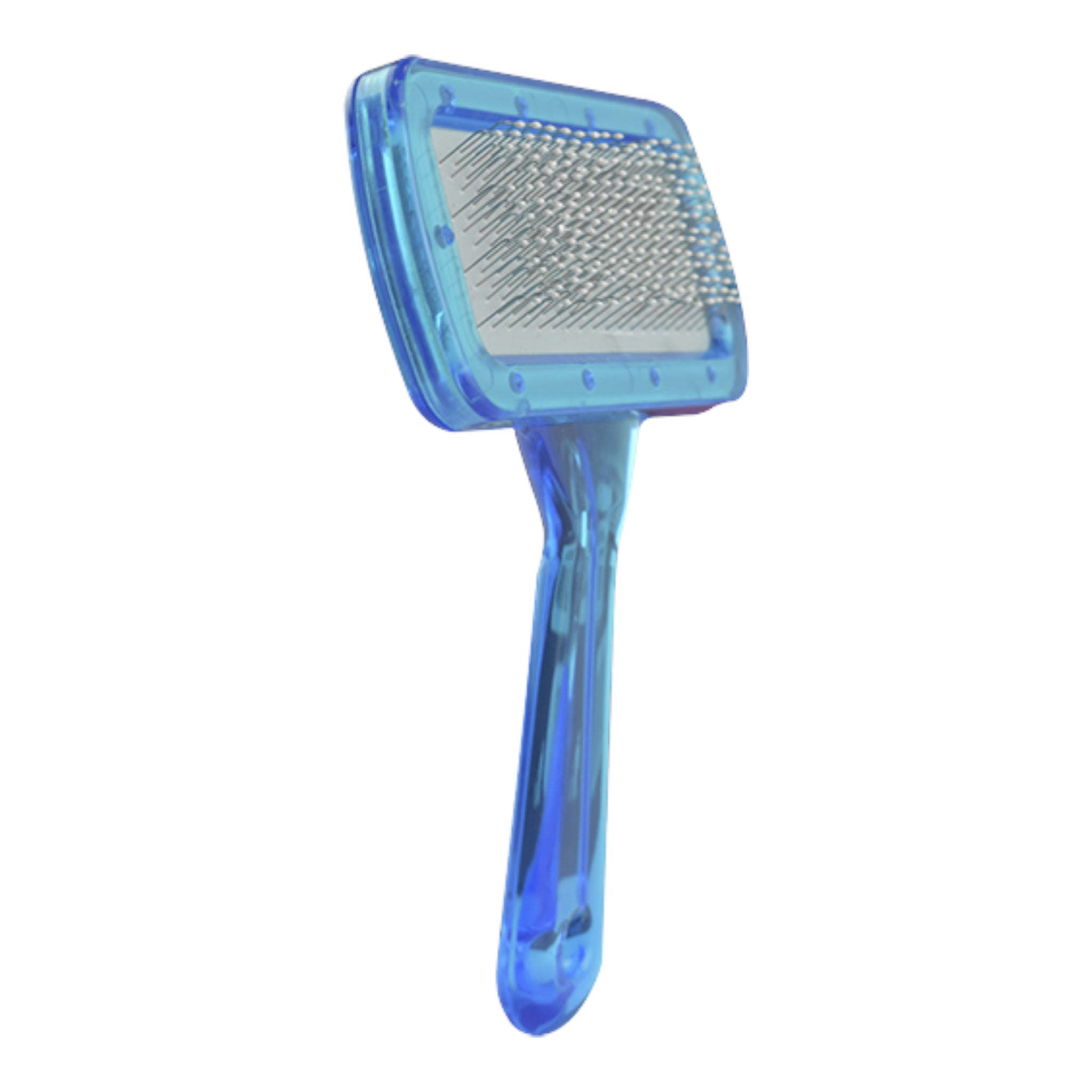 Carda suave azul para perros vista lateral mostrando el diseño ergonómico.