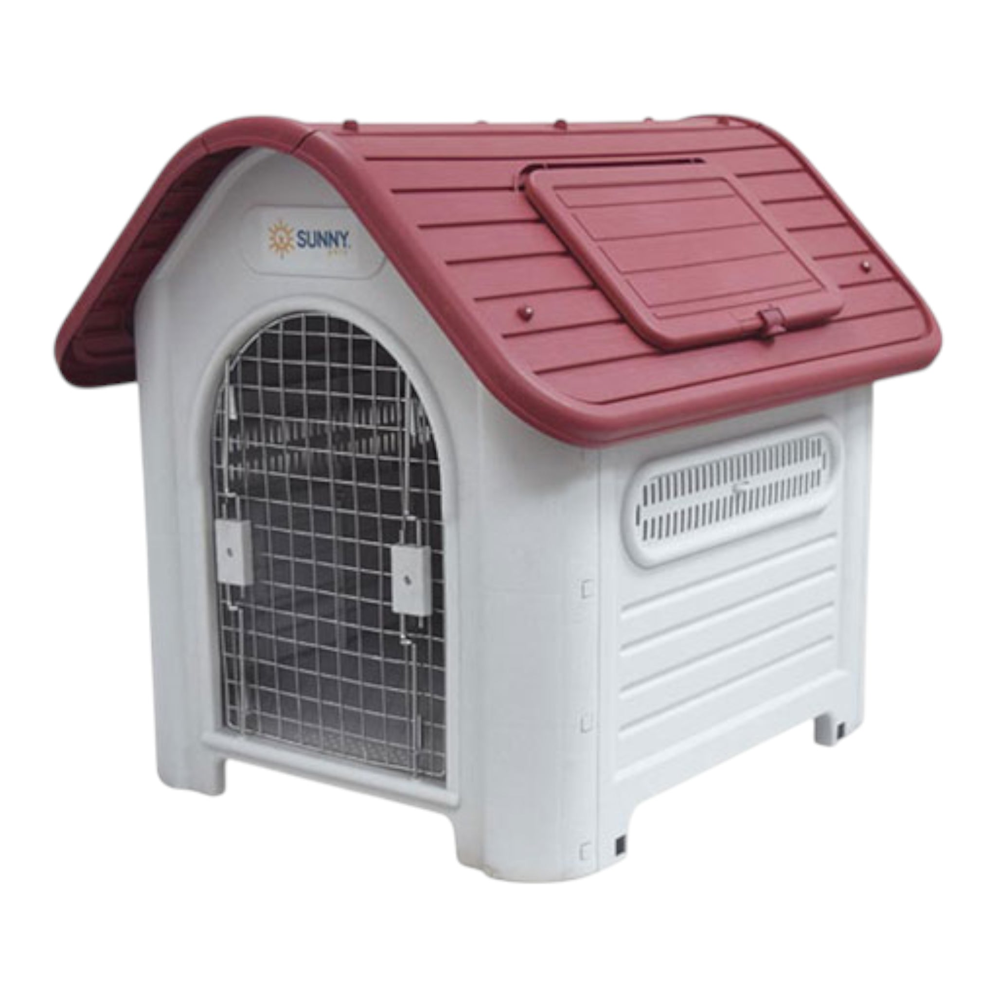 casa térmica para perros de hasta 50 kg con ventilaciones laterales y puerta metálica desmontable