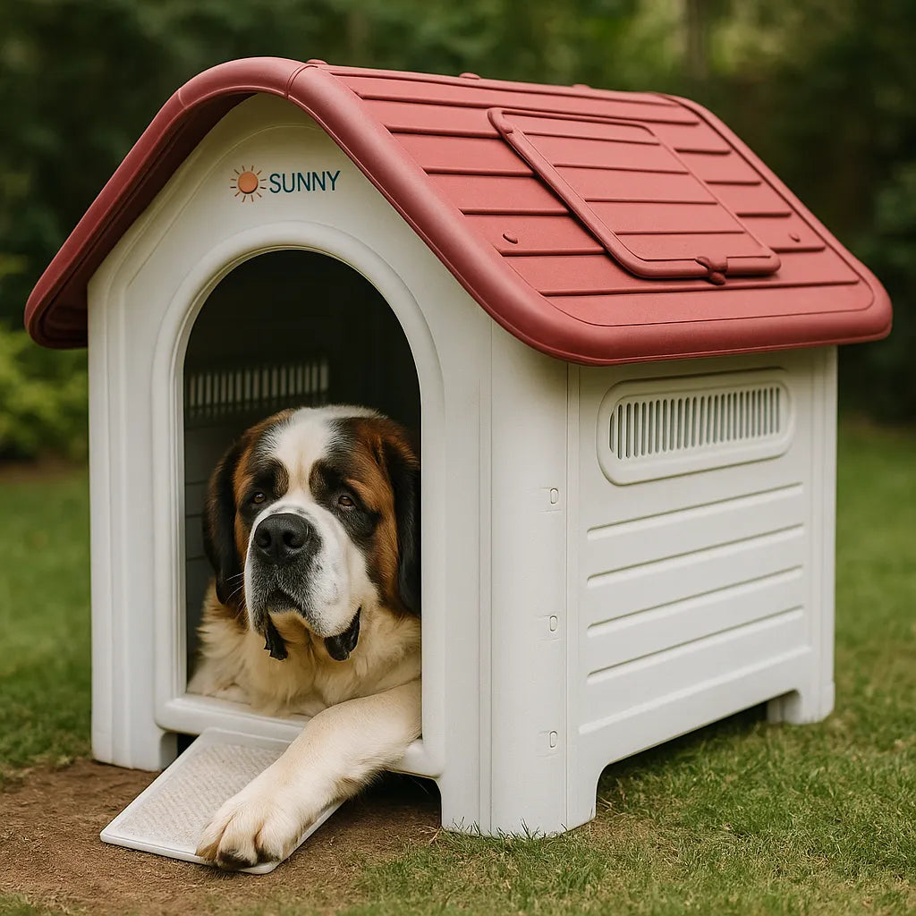 San Bernardo descansando dentro de una casa exterior SUNNY para perro de gran tamaño, modelo térmico con techo rojo y ventilaciones laterales