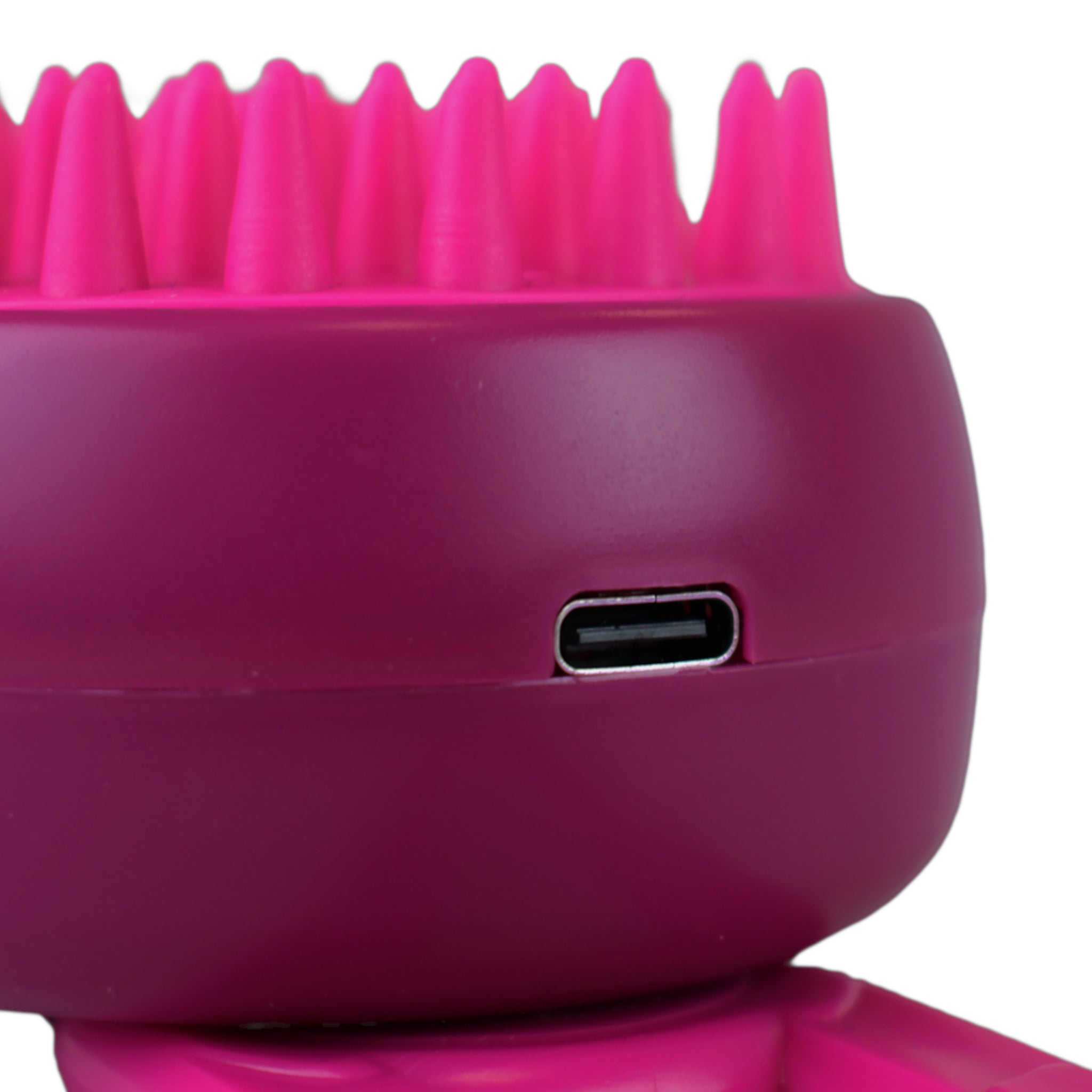 Detalle del cepillo para mascotas mostrando la entrada USB y sus cerdas de silicón.