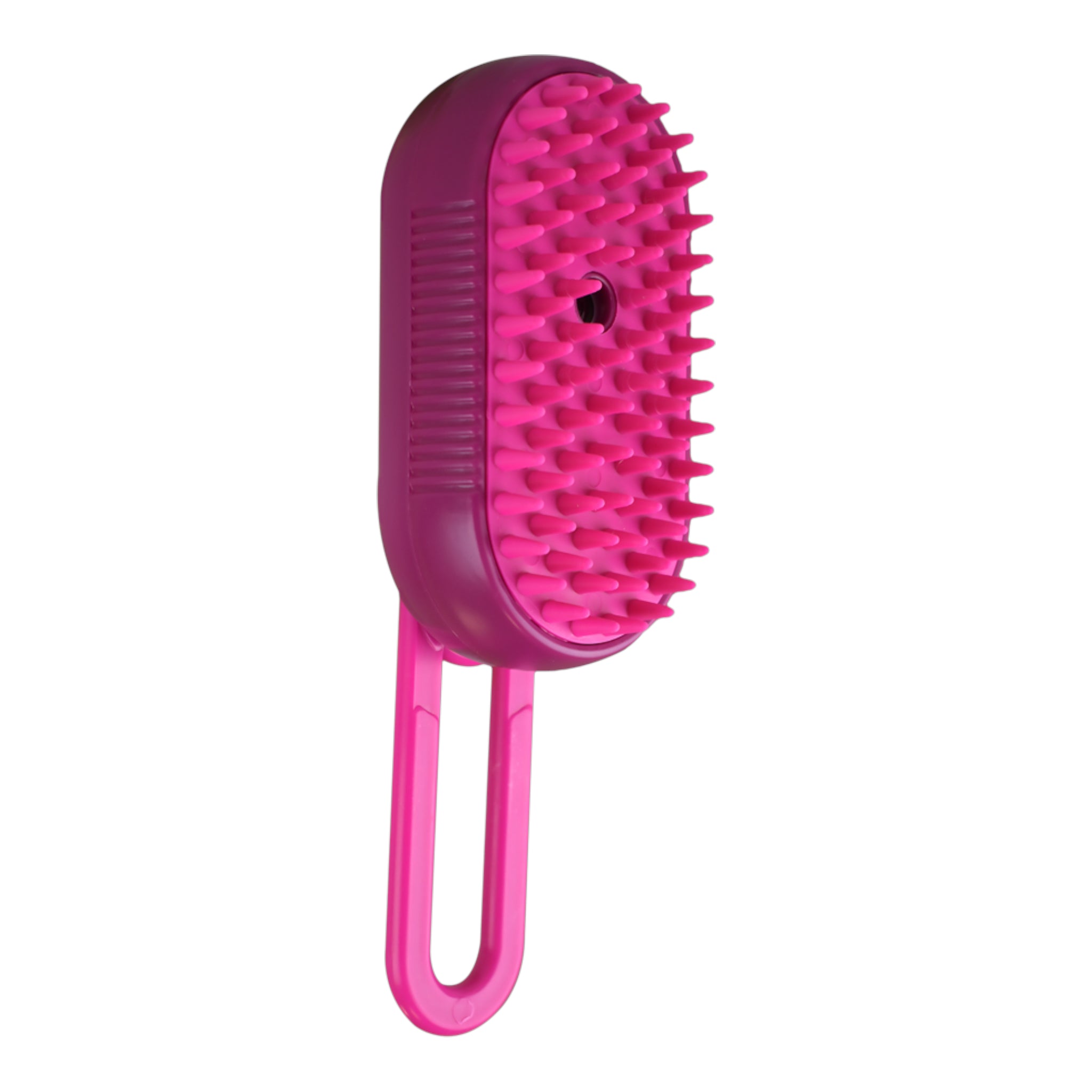 Cepillo removedor de pelo con vapor para mascotas en color rosa, ideal para perros y gatos.