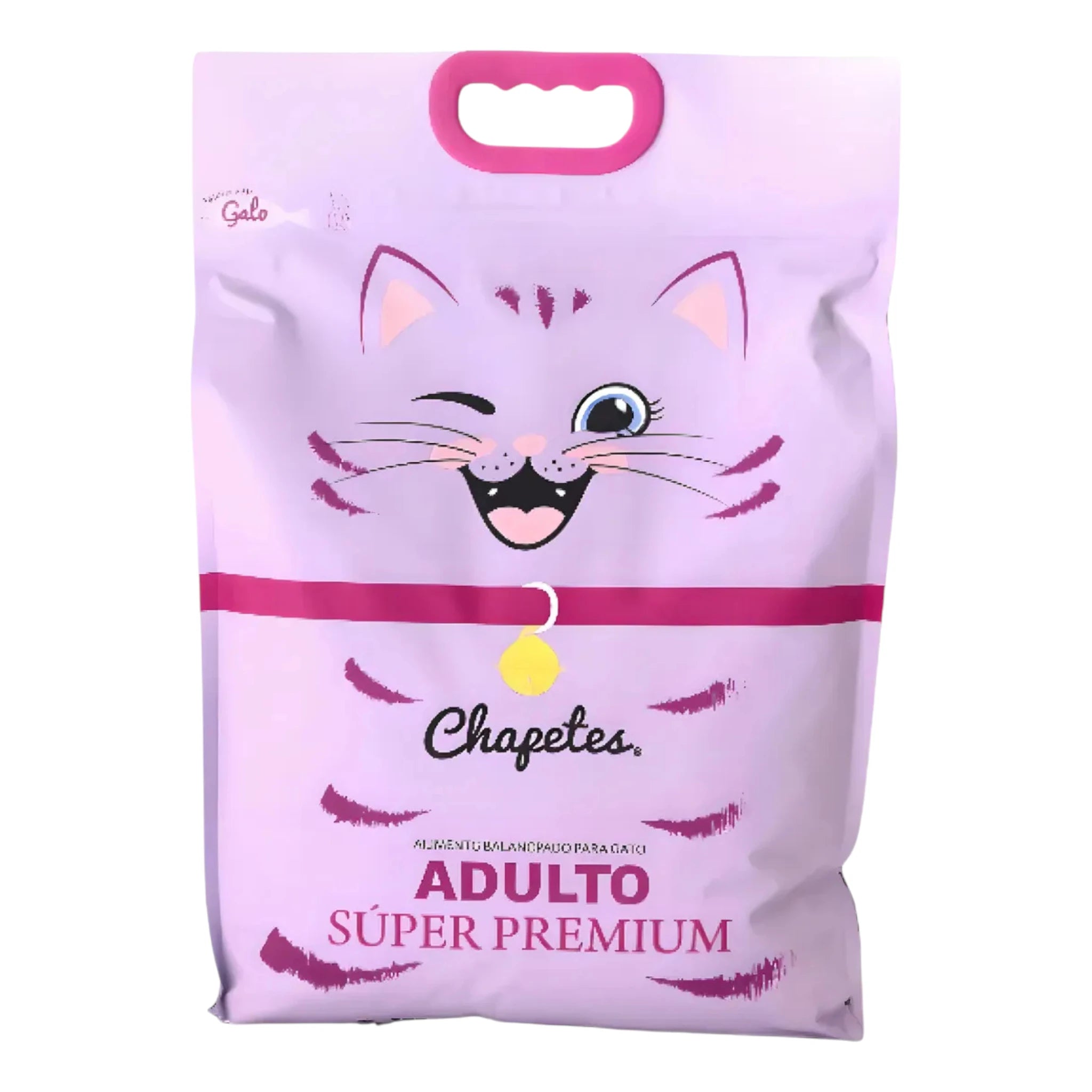 Empaque de alimento Chapetes Super Premium para gatos adultos, fórmula rica en proteínas y vitaminas para piel y pelaje brillante.