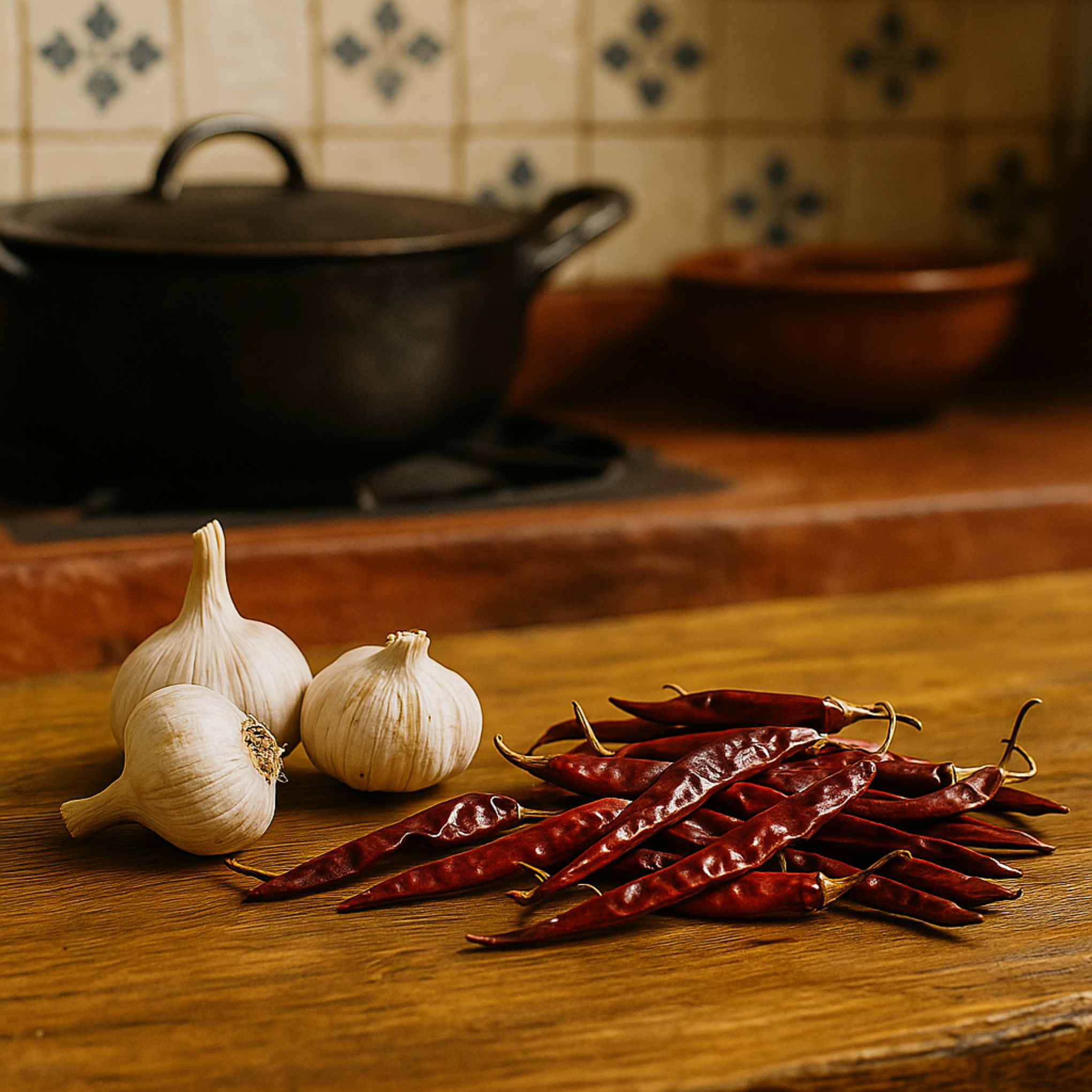 Vista realista de chiles de árbol secos sobre una mesa de cocina mexicana, listos para preparar salsas