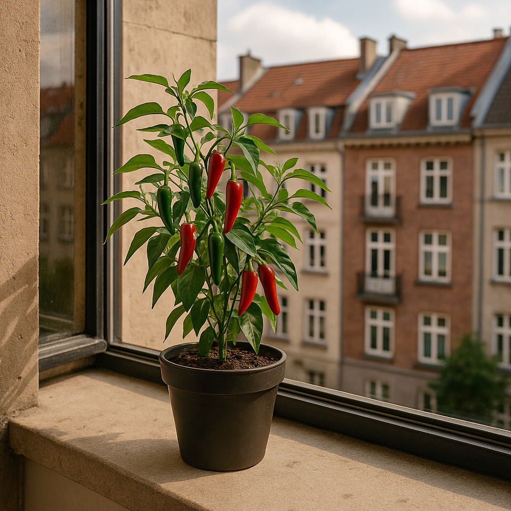 Maceta con planta de chile serrano en la ventana de un departamento en el tercer piso, con chiles maduros listos para cosechar