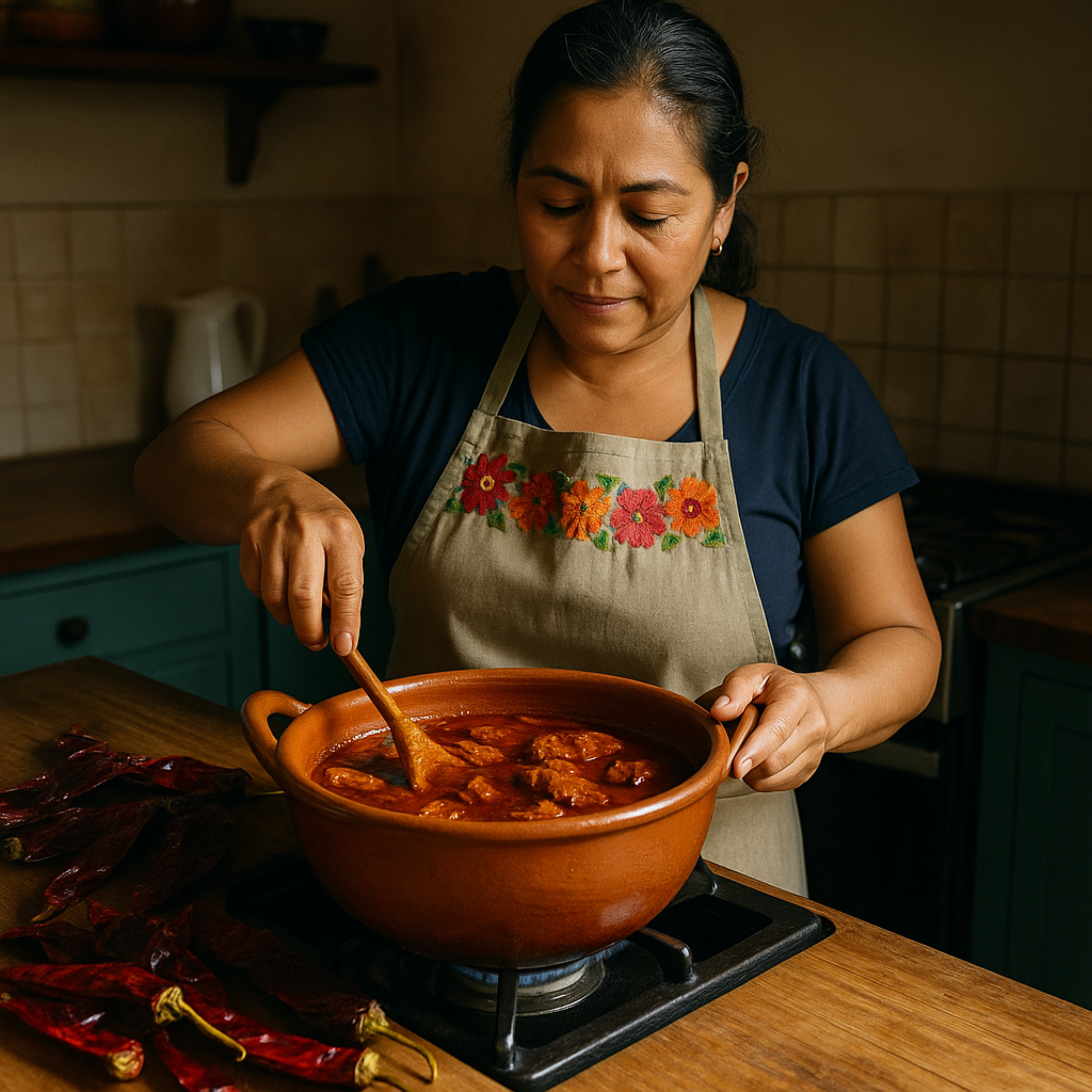 Mujer cocinando birria, con chiles guajillo frescos sobre la mesa junto a otros ingredientes típicos.