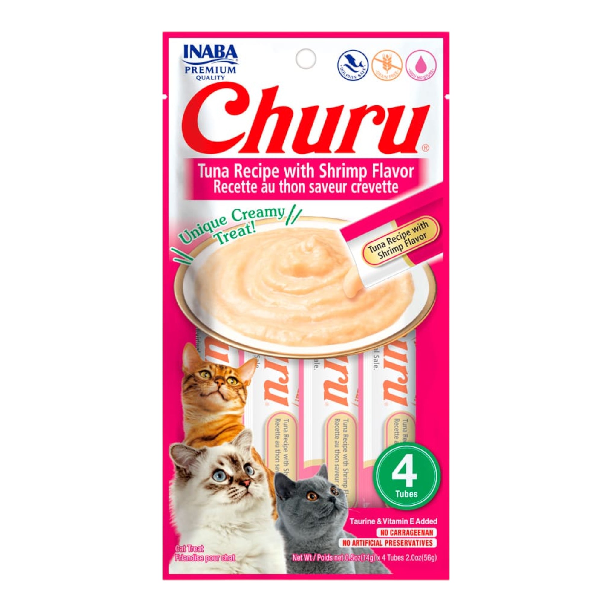 Sobre de Churu sabor atún con camarones, snack cremoso de grado humano fortalecido con Vitamina E para gatos.