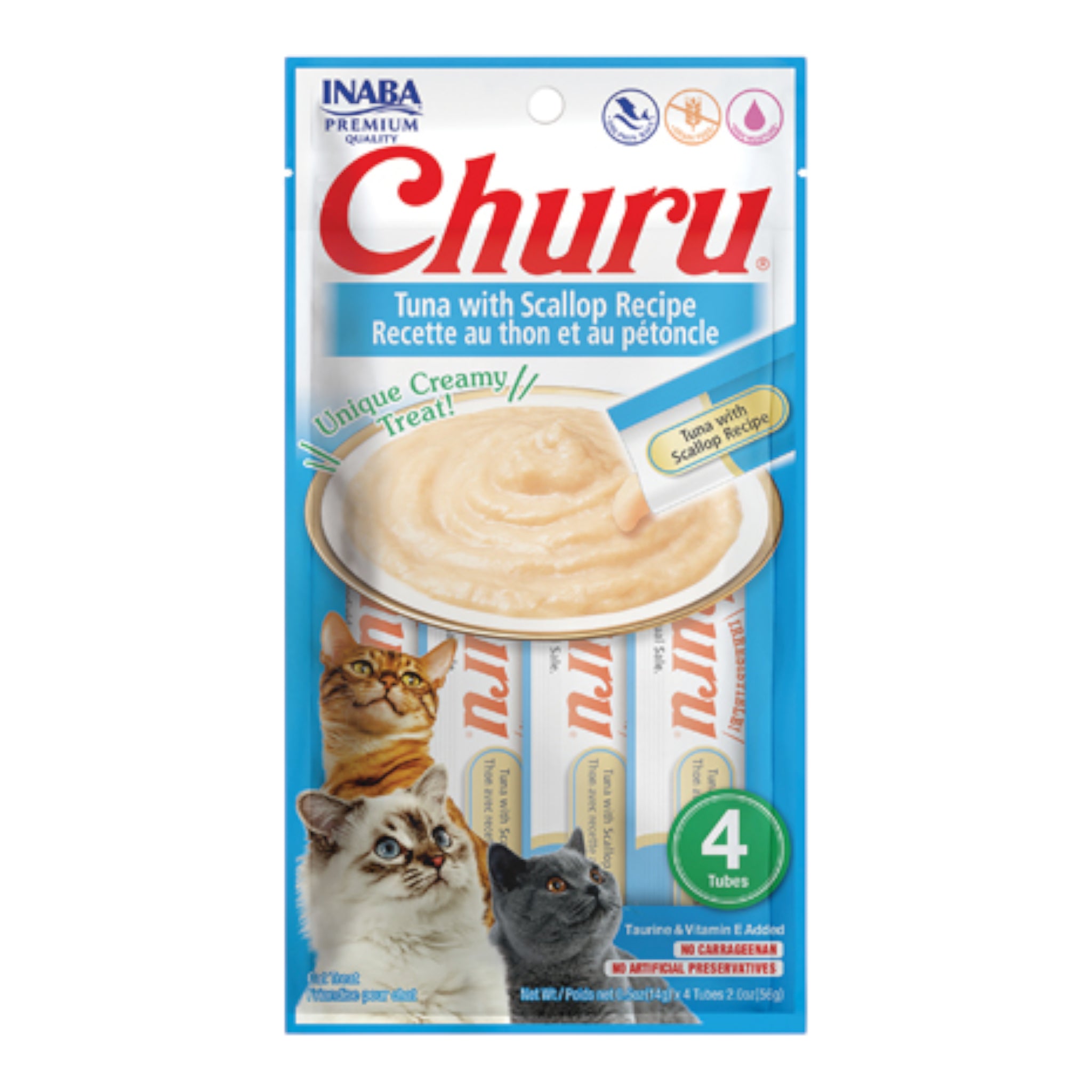 Sobre de Churu sabor atún con vieiras, snack cremoso de grado humano y fórmula natural fortalecida con Vitamina E para gatos.