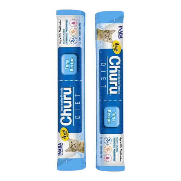 Tubo individual de Churu Diet sabor atún de 14g, snack cremoso de grado humano y fórmula veterinaria para gatos con bajo apetito.