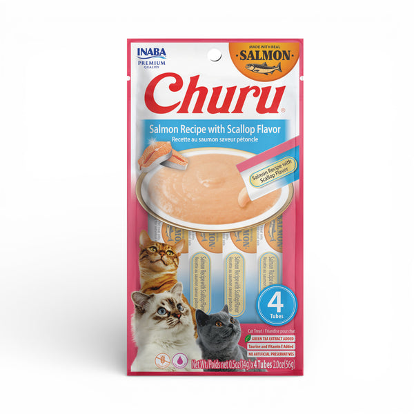 Empaque de Churu sabor Salmón con Vieiras que contiene 4 tubitos cremosos, libre de granos y con 91 por ciento de humedad para gatos.