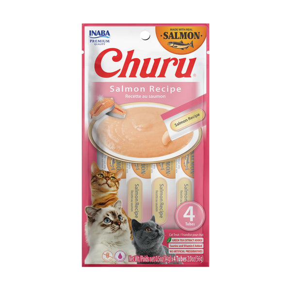 Snack cremoso Churu de salmón para gatos, sobre con 4 tubos, golosina natural baja en calorías, libre de granos y colorantes.