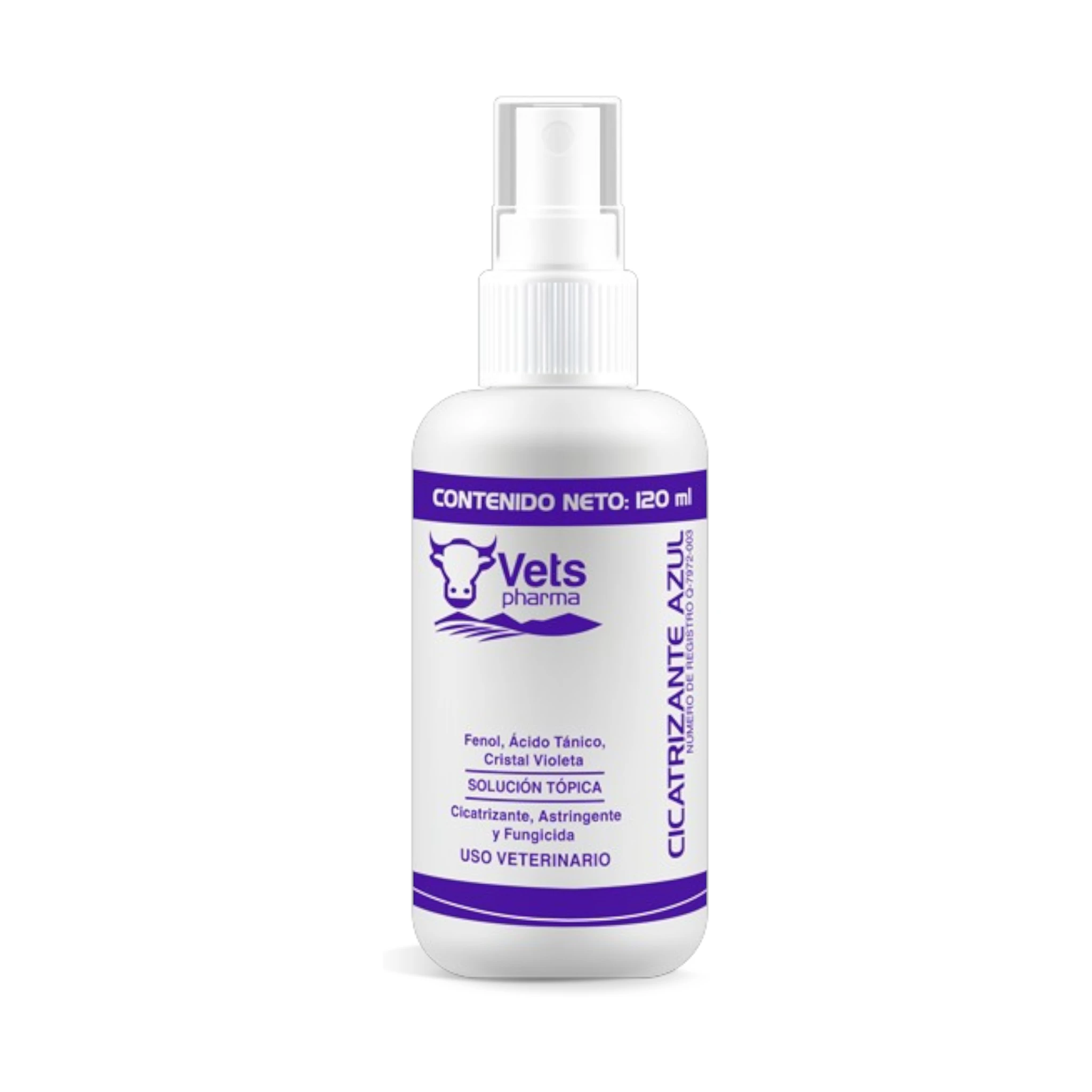 Frasco con atomizador de Cicatrizante Azul para heridas en animales, ideal para perros, gatos, aves y ganado