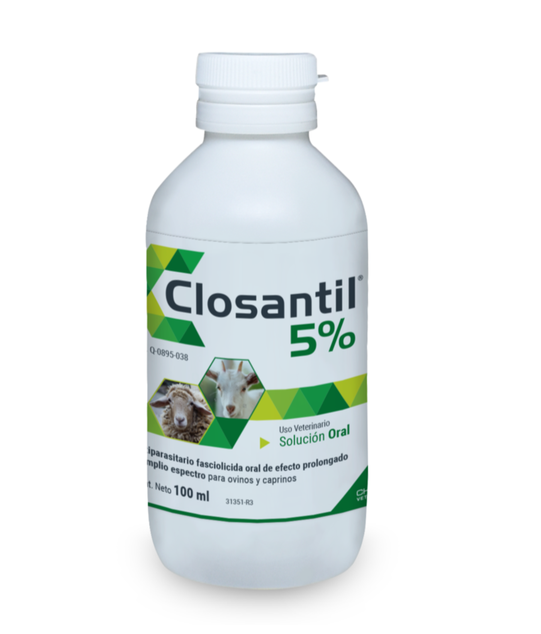 Frasco de 100 ml de Closantil 5%, antiparasitario oral para ovinos y caprinos con closantel, elimina trematodos y nematodos.