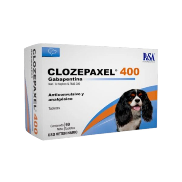 Caja de Clozepaxel 400 para perros, anticonvulsivo oral con gabapentina para control del dolor crónico y convulsiones como terapia complementaria.