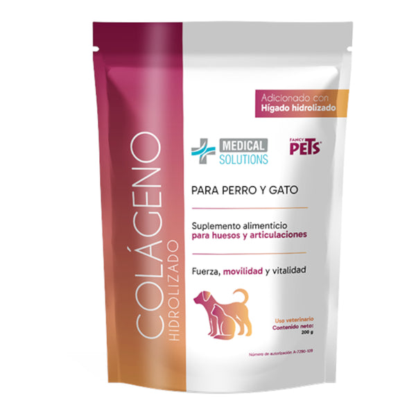 Empaque de colágeno hidrolizado Fancy Pets Medical Solutions de 200 gramos, suplemento alimenticio para la fuerza y movilidad de huesos y articulaciones en perros y gatos.