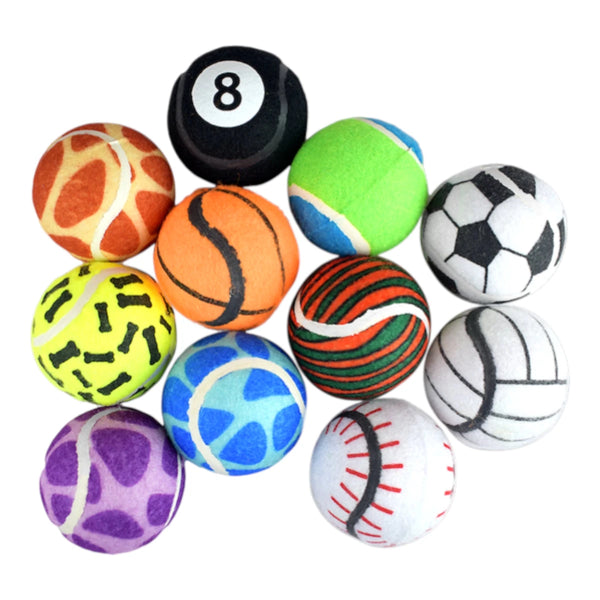 Variedad de pelotas para perro de 6.5cm con diseños de balón de fútbol, básquetbol, béisbol, voleibol, bola de billar #8 y estampados de huesos con sonido integrado.