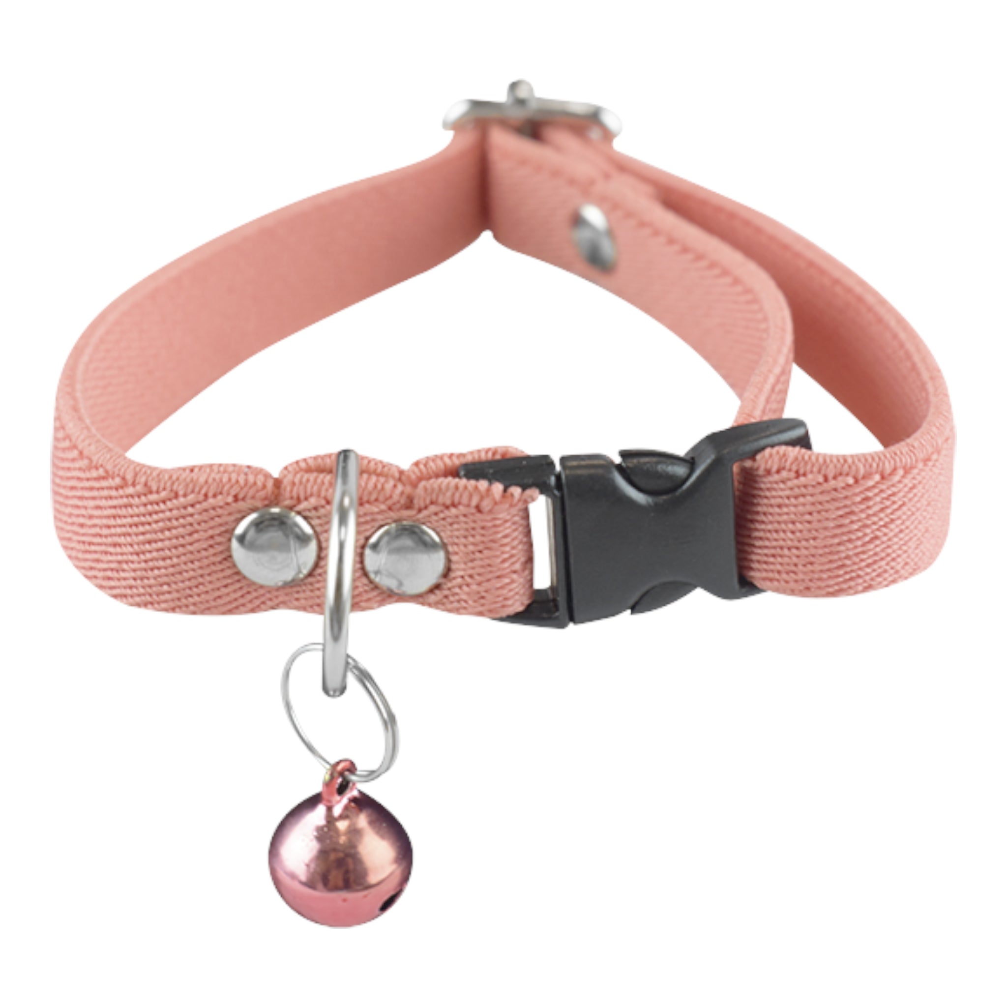 Presentación del collar elástico Fancy Pets en color salmón, mostrando su tejido flexible de nylon y látex ideal para la seguridad felina.