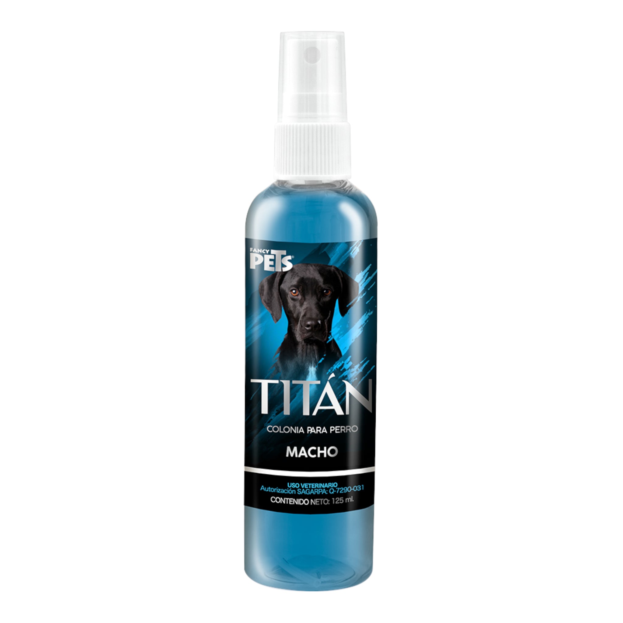 Envase de 125ml de Colonia Titán para perro macho con diseño elegante, destacando sus notas maderosas y atomizador de fácil aplicación.