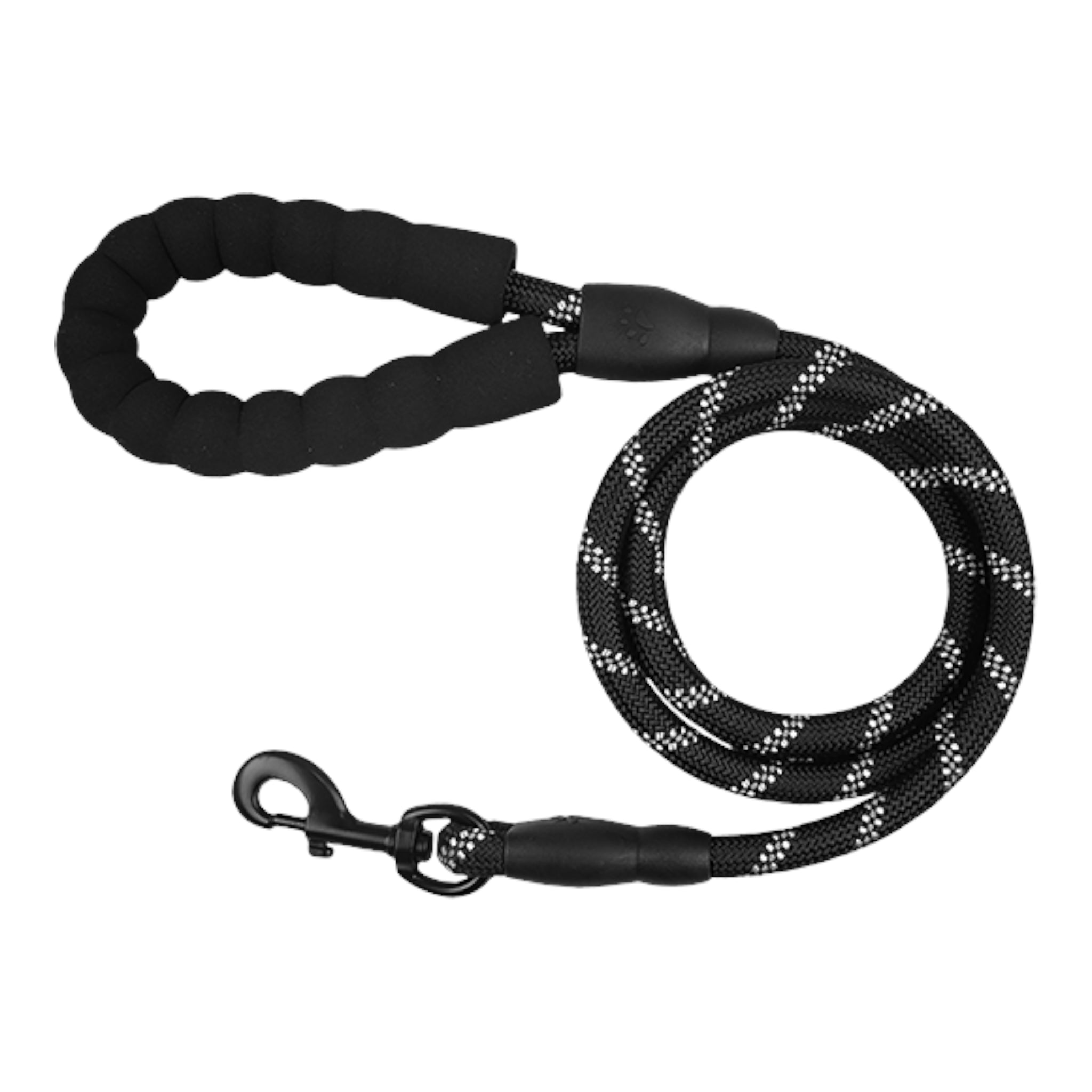 Correa negra de alta resistencia para perros activos, con tejido de cuerda de alpinismo y mosquetón giratorio.