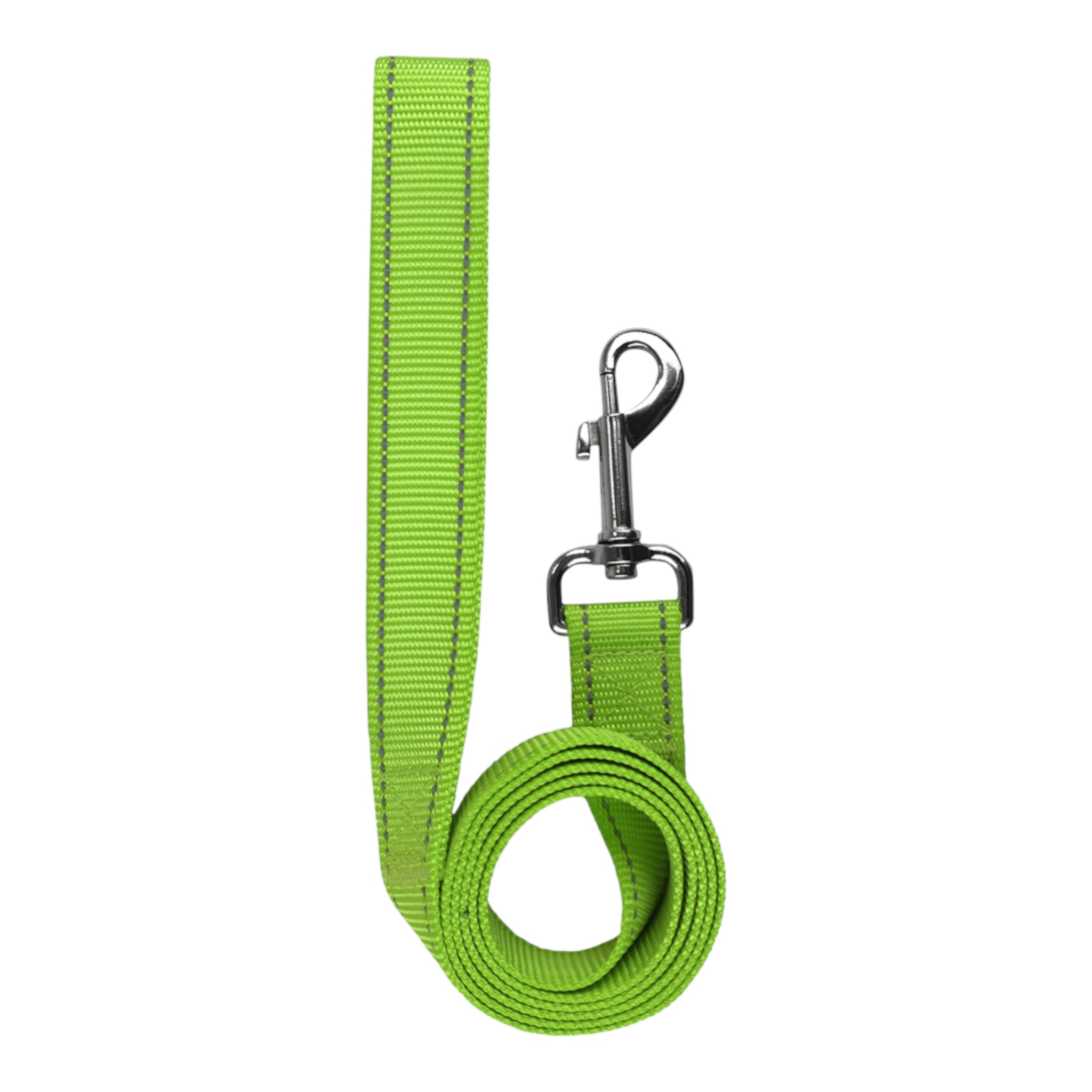 Detalle de la correa del set Trendy verde limón destacando las tiras reflectantes para visibilidad nocturna.