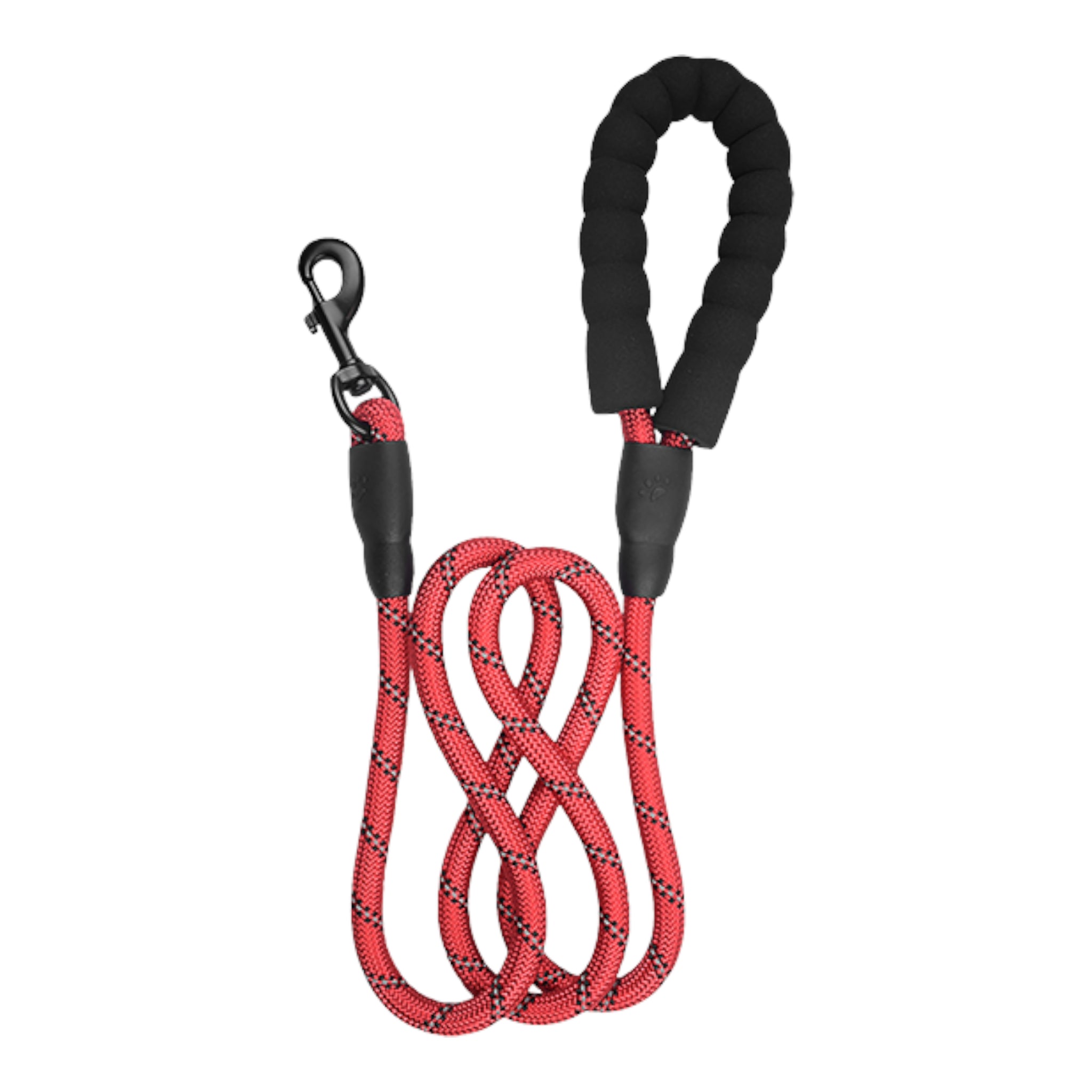 Correa de soga roja con mango negro, diseñada con materiales de escalada para soportar los jalones más fuertes.