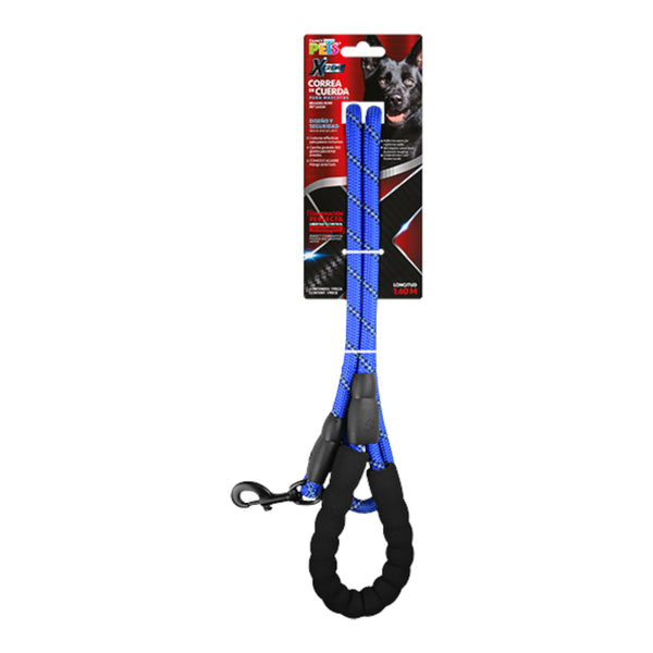 Presentación en empaque de la correa azul Xtreme, ideal para perros que tiran con fuerza gracias a su cuerda de 1.2 cm.