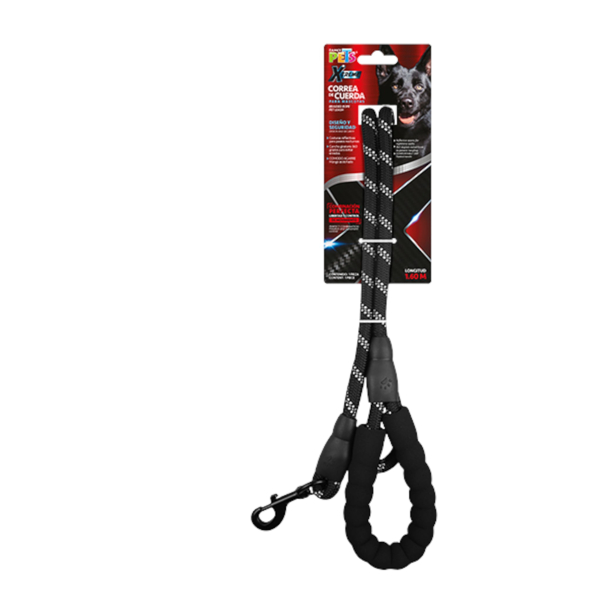 Empaque de la correa negra Xtreme de Fancy Pets, mostrando el diseño profesional para un control máximo.