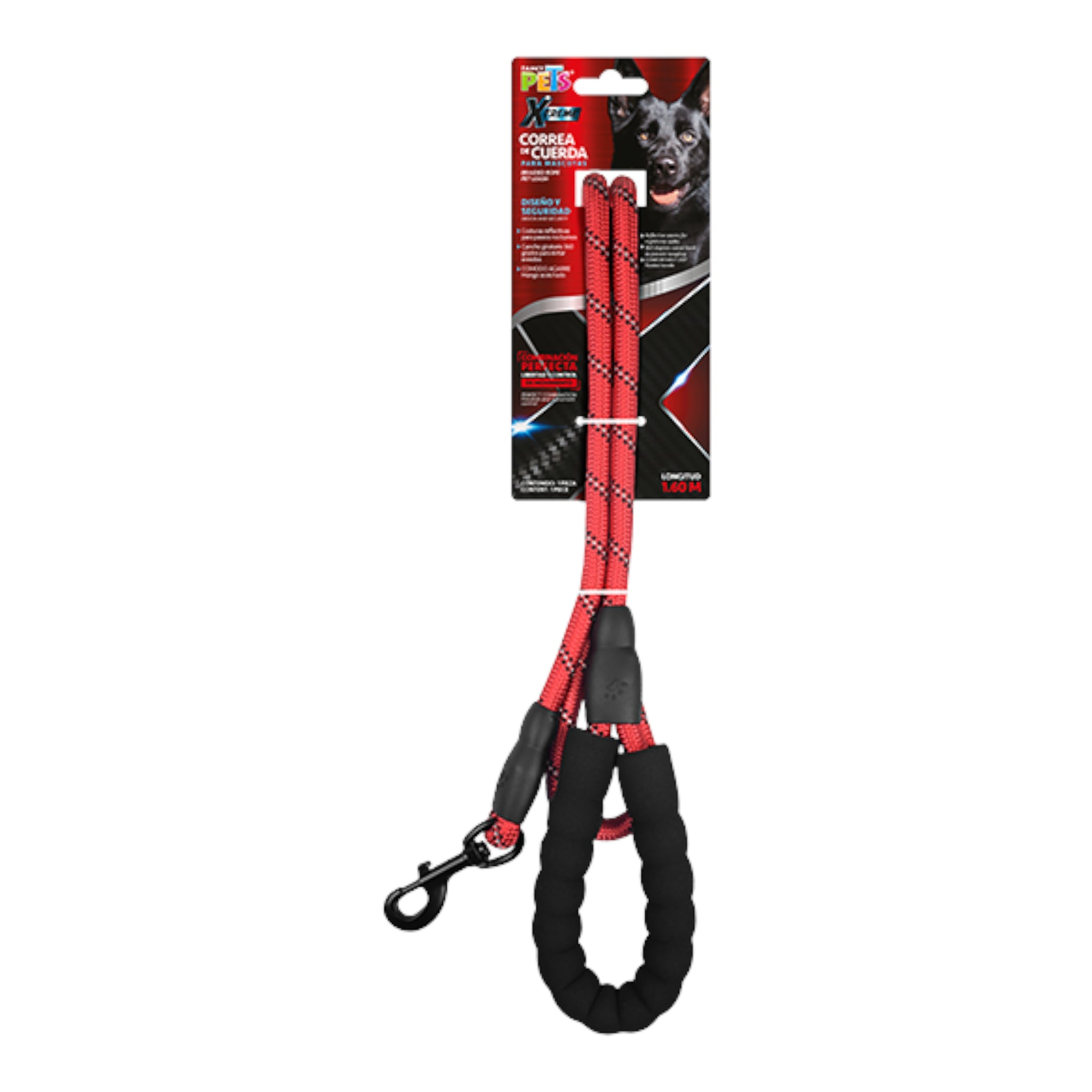 Correa de cuerda Xtreme color rojo en su empaque original, destacando la longitud de 1.60 metros y diseño de alta seguridad.