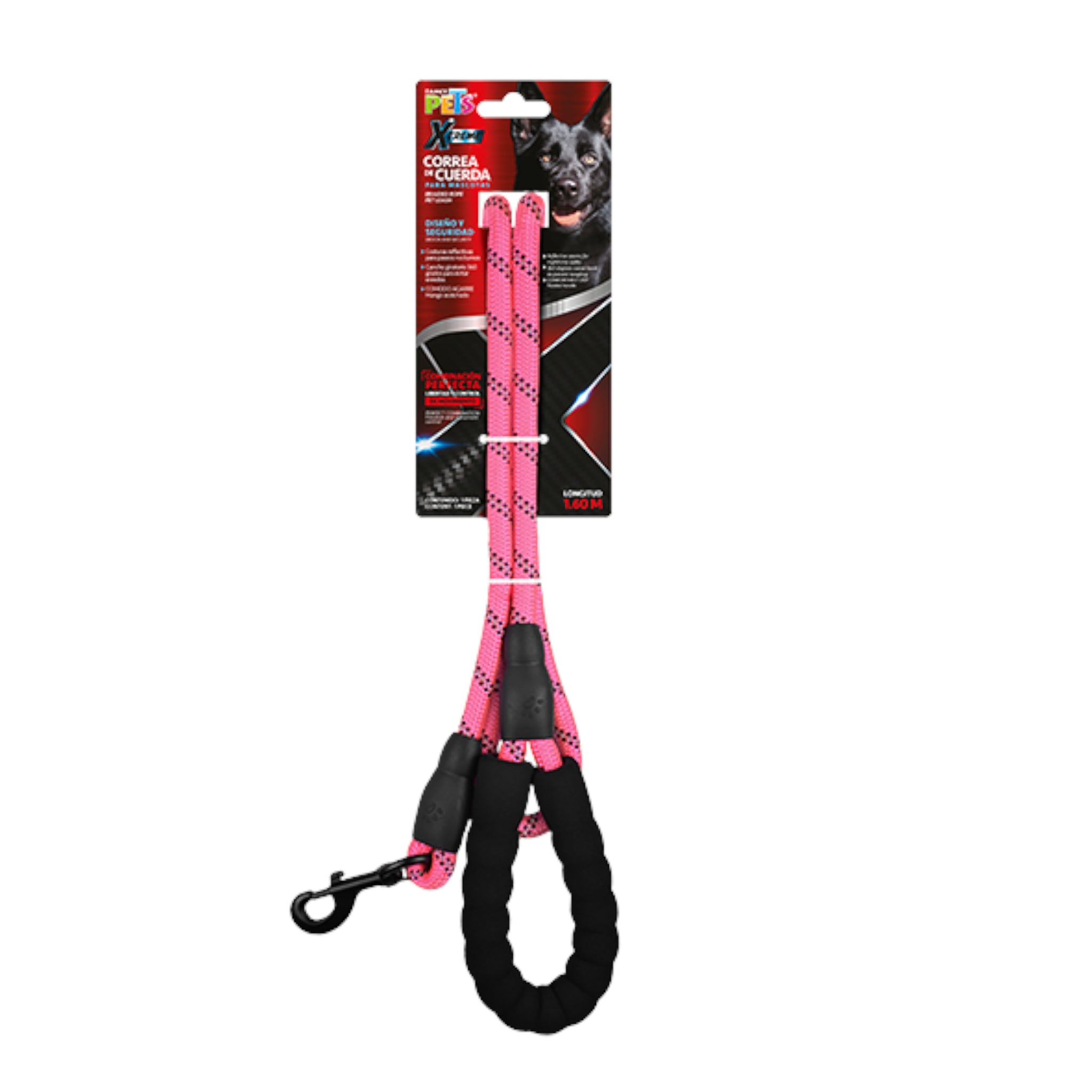 Correa rosa Xtreme en su empaque de venta, resaltando su durabilidad y el mango acolchado protector.