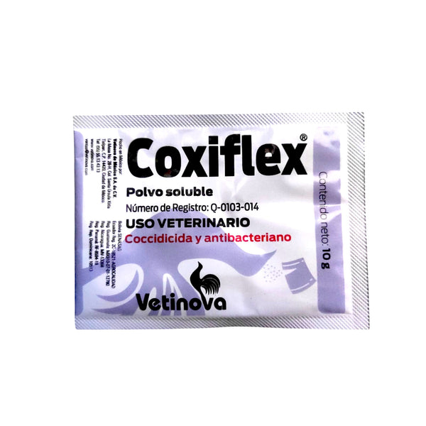Sobre de Coxiflex Polvo Soluble de 10g, tratamiento oral contra coccidiosis y otras infecciones bacterianas en aves de corral