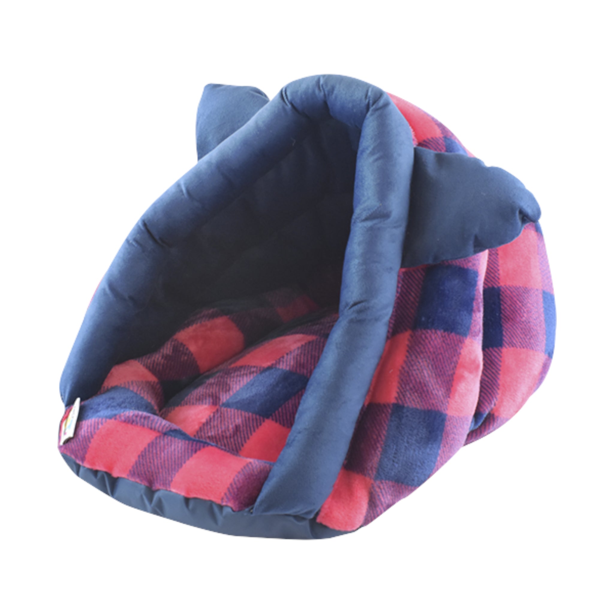 Vista lateral de la cama iglú para gato resaltando la suavidad de las telas y la estructura acogedora ideal para el descanso felino