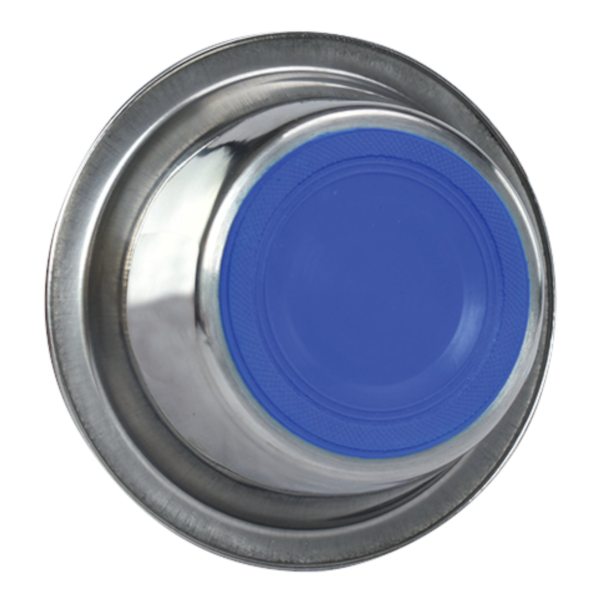 Acercamiento a la parte inferior del plato de acero inoxidable donde se aprecia el anillo de goma antiderrapante que protege el piso de rayones.