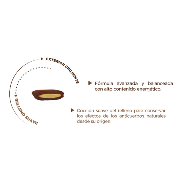 Close up de la croqueta Nupec Felino Senior mostrando el relleno lácteo cremoso con anticuerpos naturales para gatos.