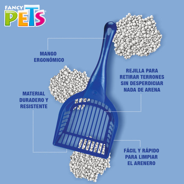 Acercamiento a la rejilla de la pala para gato diseñada para separar terrones de desecho sin desperdiciar arena limpia.