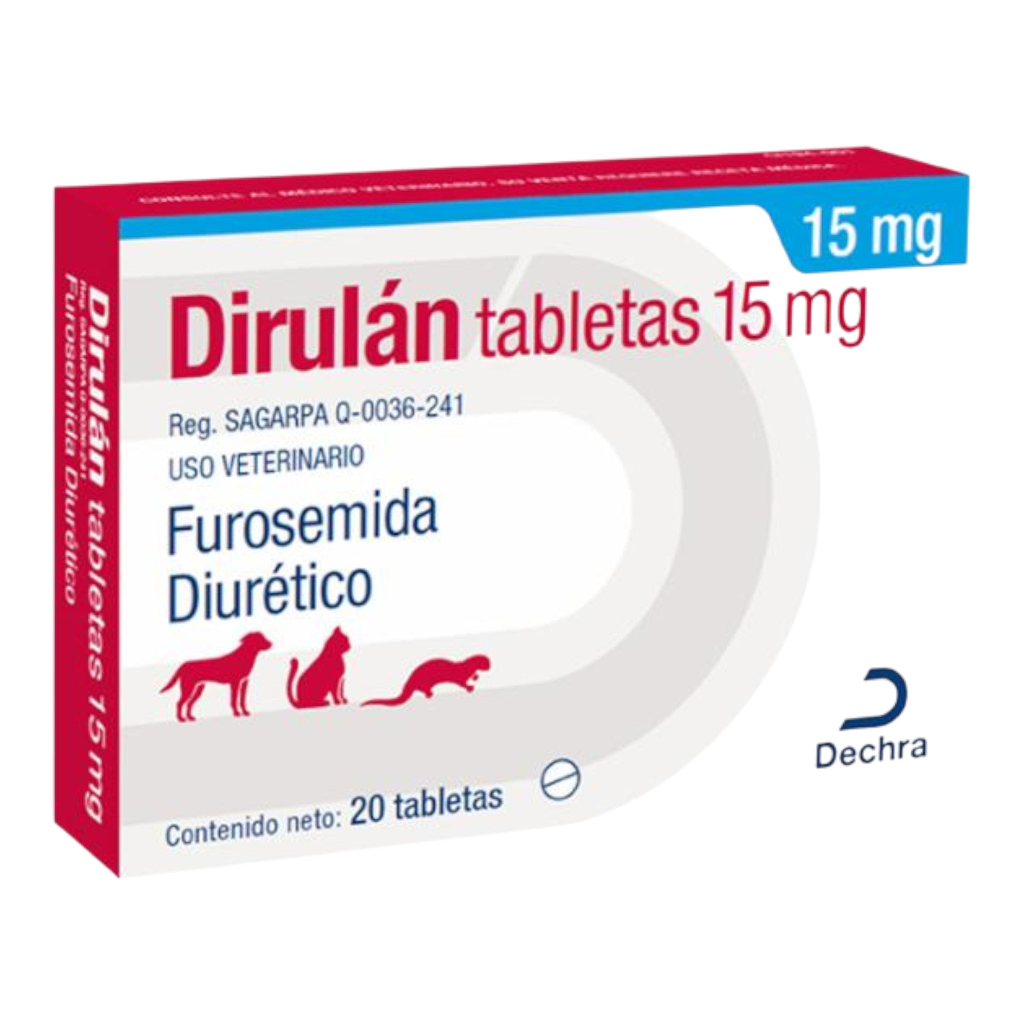 Caja de Dirulán 15mg en tabletas, diurético para perros, gatos y hurones con furosemida para edema pulmonar y problemas cardiacos.