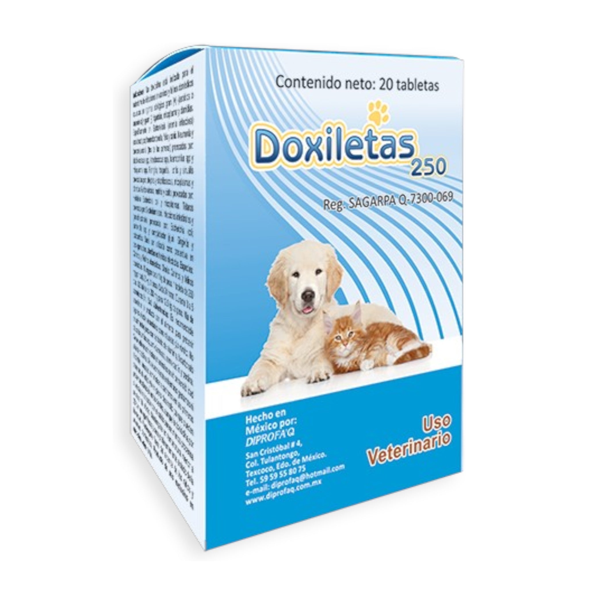 Caja de Doxiletas 250mg con 20 tabletas para perros y gatos, antibiótico oral de amplio espectro para infecciones graves.