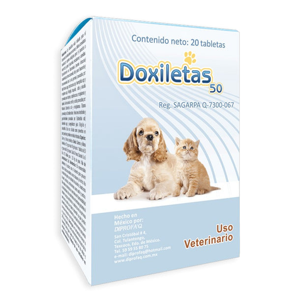 Caja de Doxiletas 50mg con 20 tabletas para perros y gatos, antibiótico oral de amplio espectro